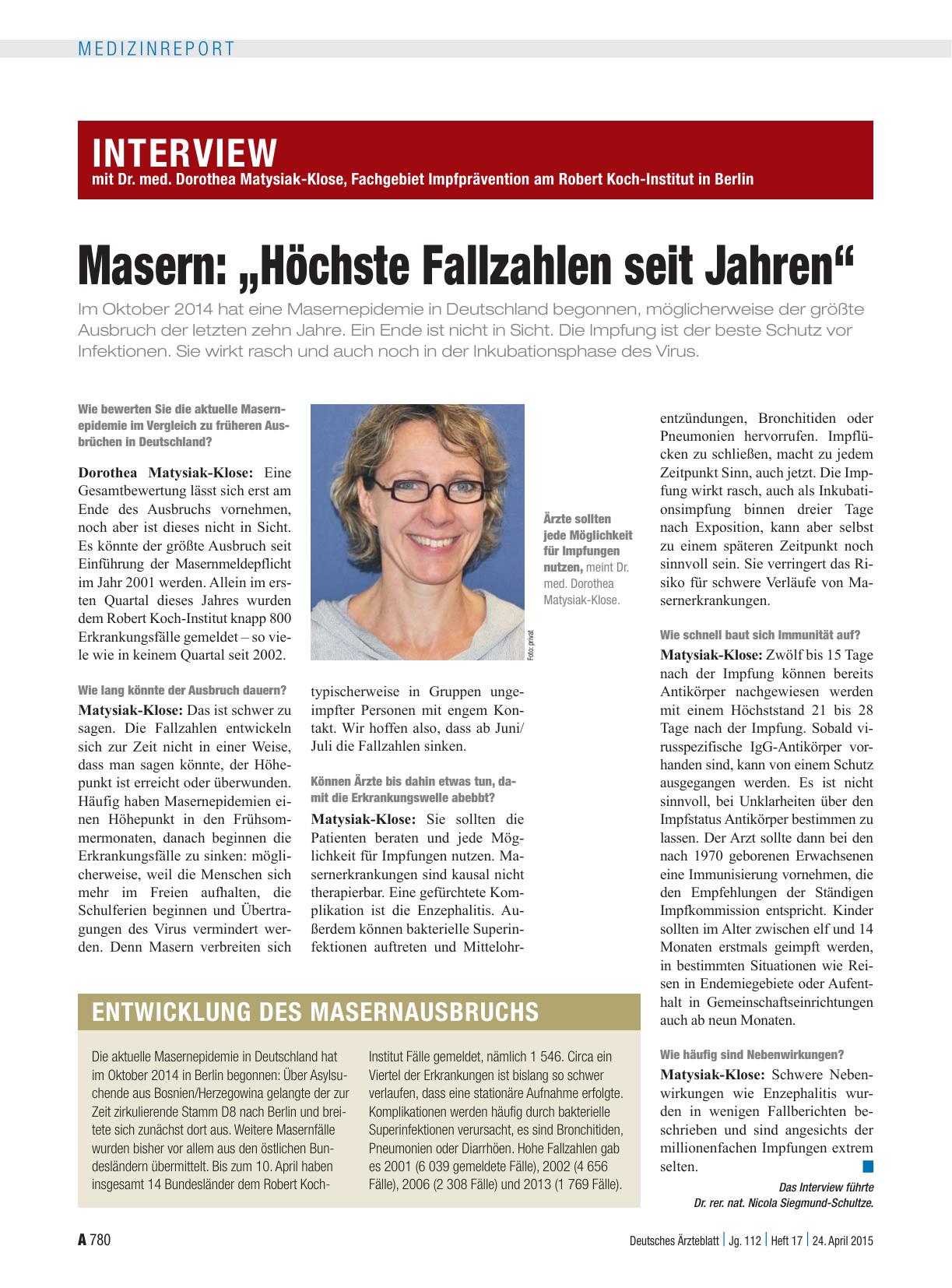 Vorschauseite 1: Interview mit Dr. med. Dorothea Matysiak-Klose, Fachgebiet Impfprävention am Robert Koch-Institut in Berlin, Masern: „Höchste Fallzahlen seit Jahren“