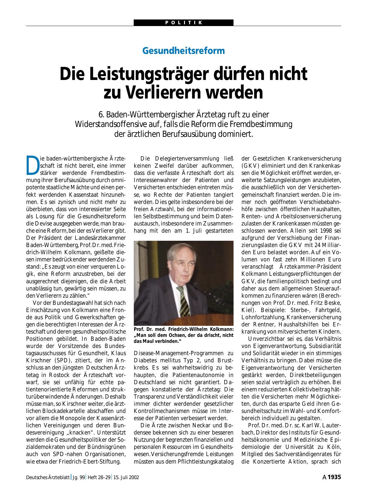 Vorschauseite 1: Gesundheitsreform: Die Leistungsträger dürfen nicht zu Verlierern werden