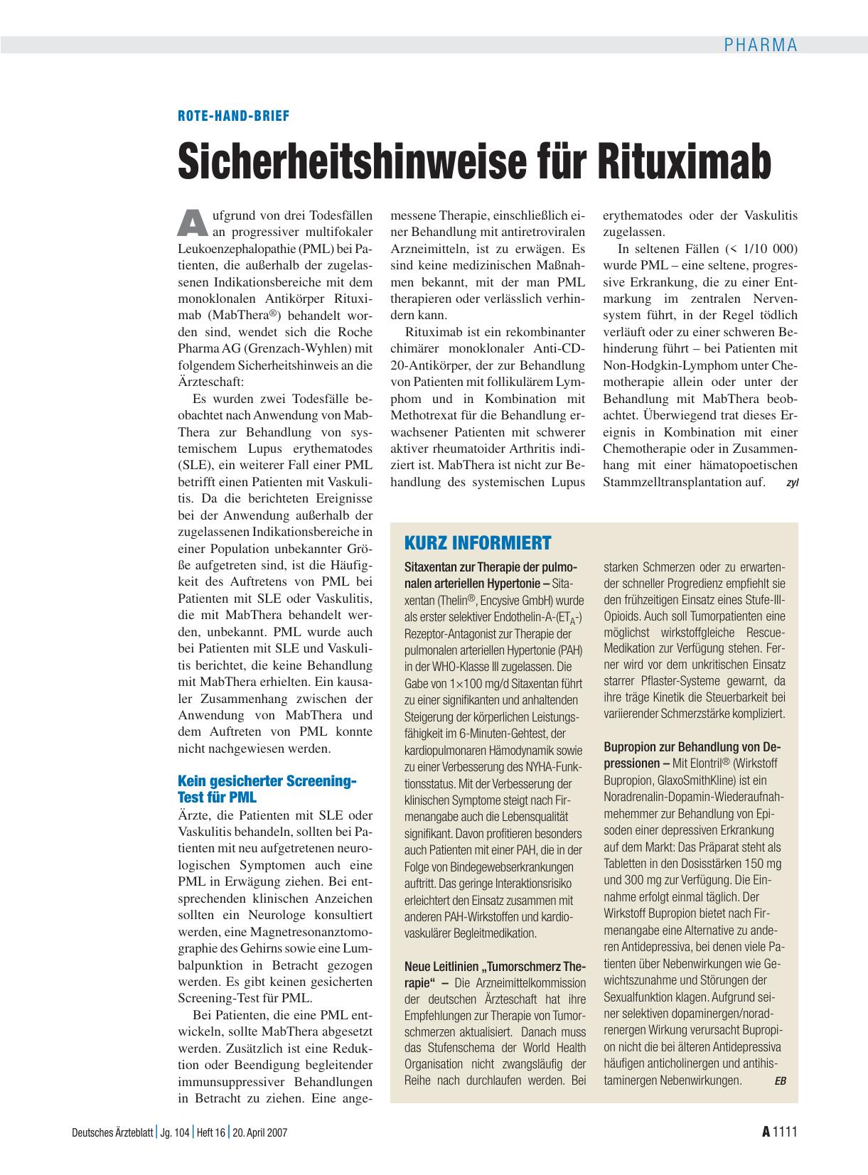 Vorschauseite 1: Rote-Hand-Brief: Sicherheitshinweise für Rituximab