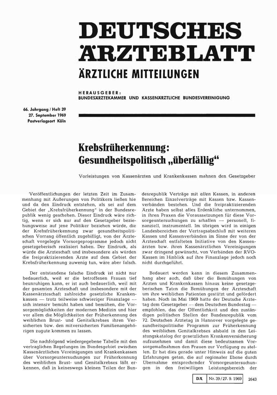 Vorschauseite 1: Krebsfrüherkennung: Gesundheitspolitisch „überfällig" — Vorleistungen von Kassenärzten und Krankenkassen mahnen den Gesetzgeber