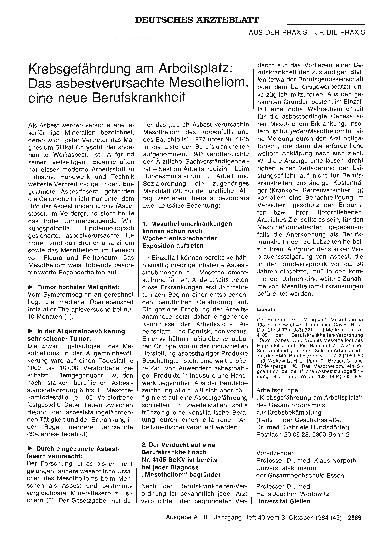 Vorschauseite 1: Krebsgefährdung am Arbeitsplatz: Das asbestverursachte Mesotheliom, eine neue Berufskrankheit