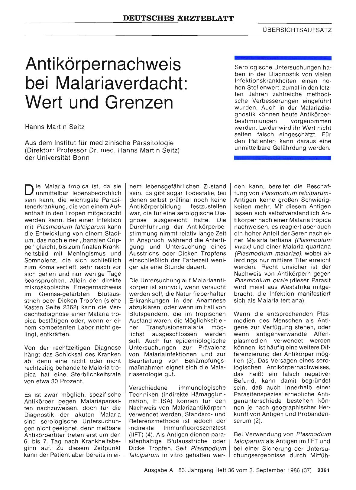 Vorschauseite 1: Antikörpernachweis bei Malariaverdacht: Wert und Grenzen