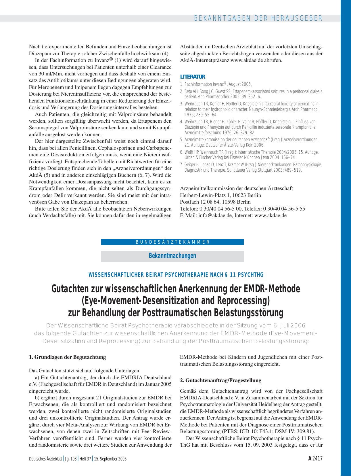 Vorschauseite 1: Bekanntmachungen: Wissenschaftlicher Beirat Psychotherapie nach § 11 PsychThG – Gutachten zur wissenschaftlichen Anerkennung der EMDR-Methode (Eye-Movement-Desensitization and Rep…
