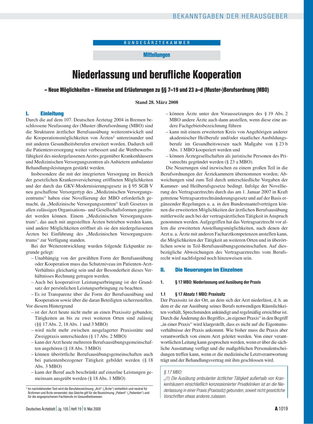 Vorschauseite 1: Mitteilungen: Niederlassung und berufliche Kooperation