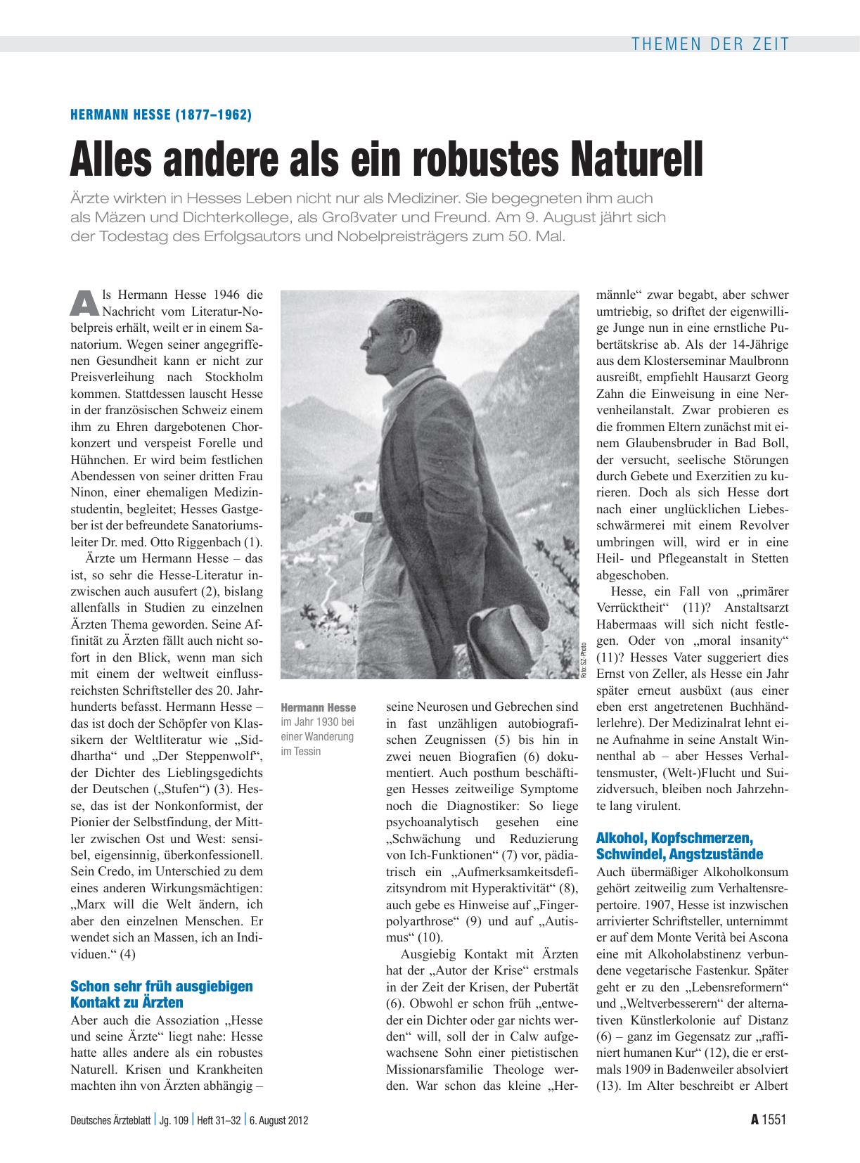 Vorschauseite 1: Hermann Hesse (1877–1962): Alles andere als ein robustes Naturell