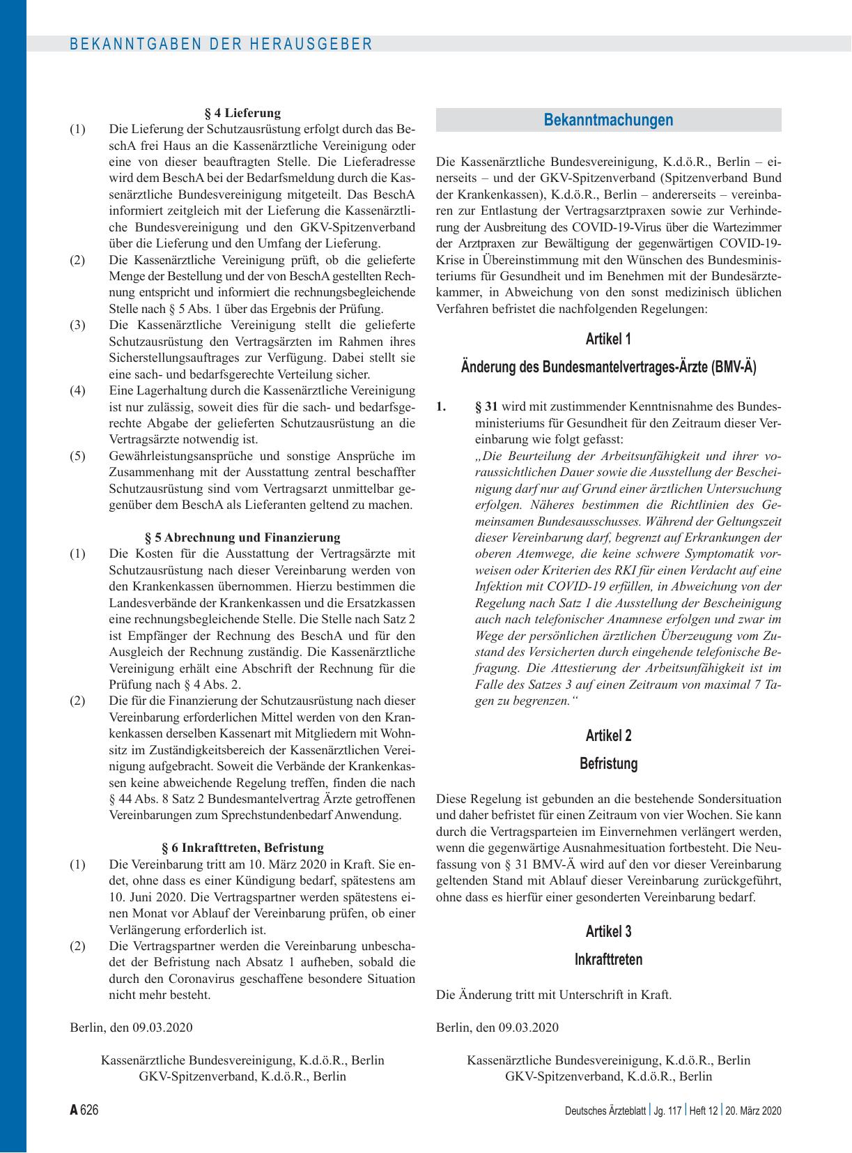 Vorschauseite 1: Änderung des Bundesmantelvertrages-Ärzte (BMV-Ä): Artikel 1, Artikel 2, Befristung, Artikel 3, Inkrafttreten