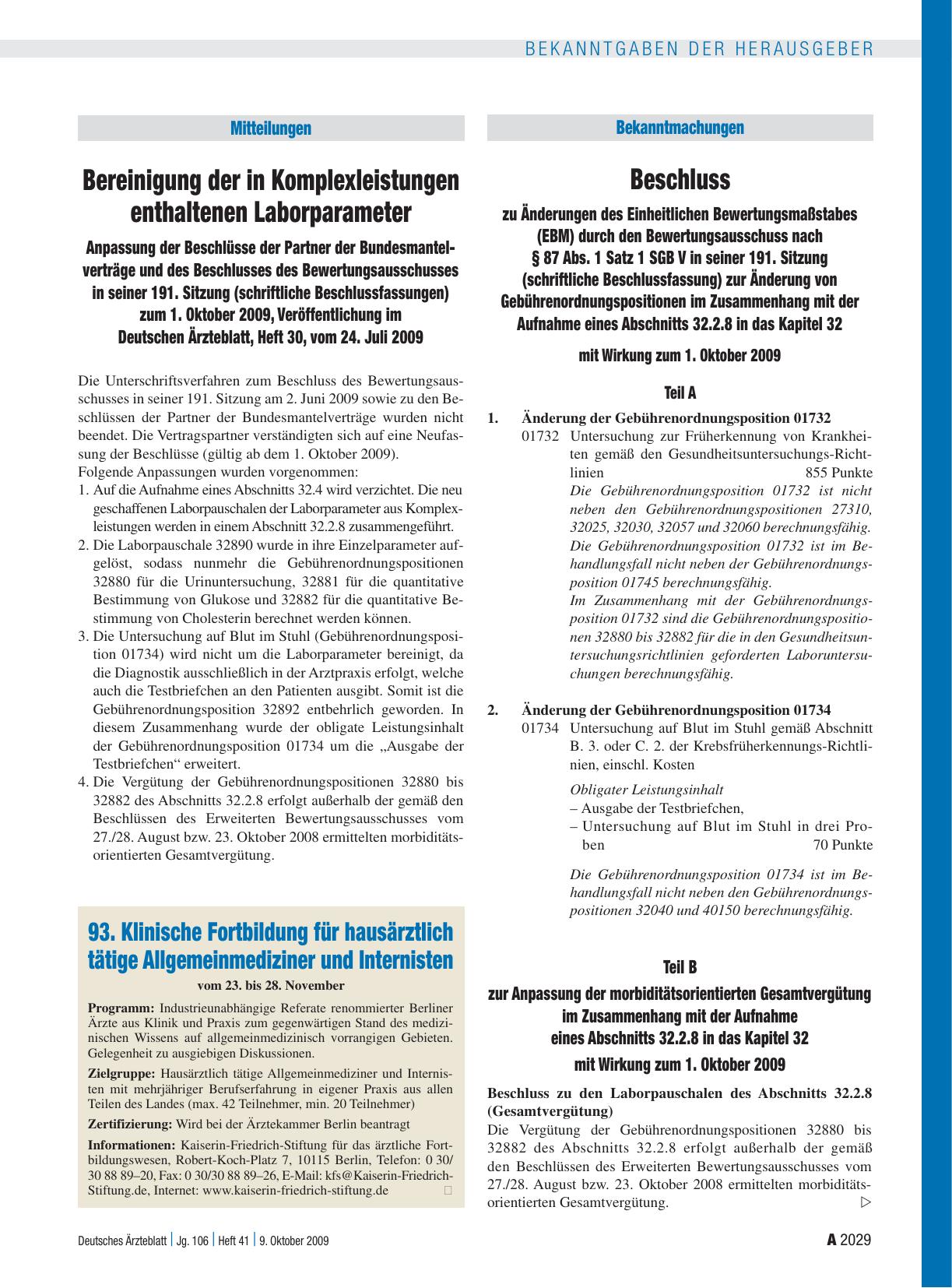 Vorschauseite 1: Beschluss zu Änderungen des Einheitlichen Bewertungsmaßstabes (EBM) durch den Bewertungsausschuss nach § 87 Abs. 1 Satz 1 SGB V in seiner 191. Sitzung (schriftliche Beschlussfassu…
