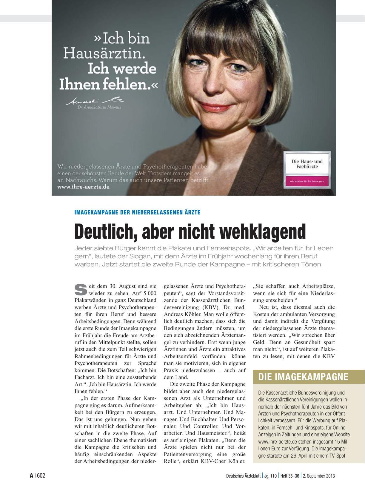 Vorschauseite 1: Imagekampagne der niedergelassenen Ärzte: Deutlich, aber nicht wehklagend