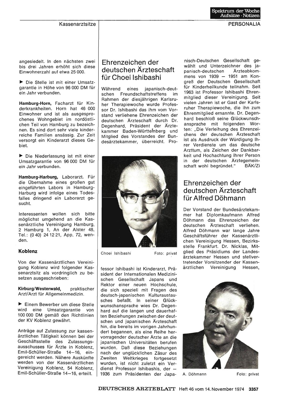 Vorschauseite 1: Ehrenzeichen der deutschen Ärzteschaft für Choei lshibashi
