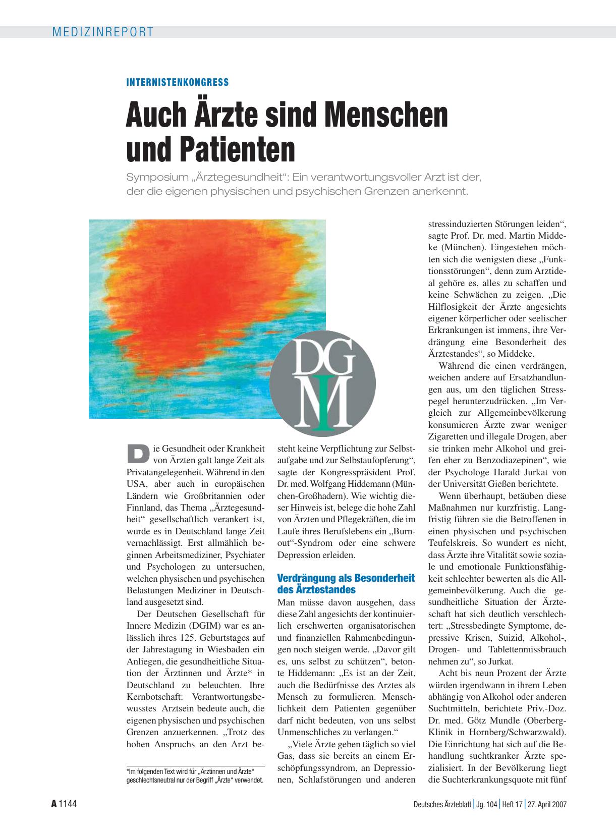 Vorschauseite 1: Internistenkongress: Auch Ärzte sind Menschen und Patienten
