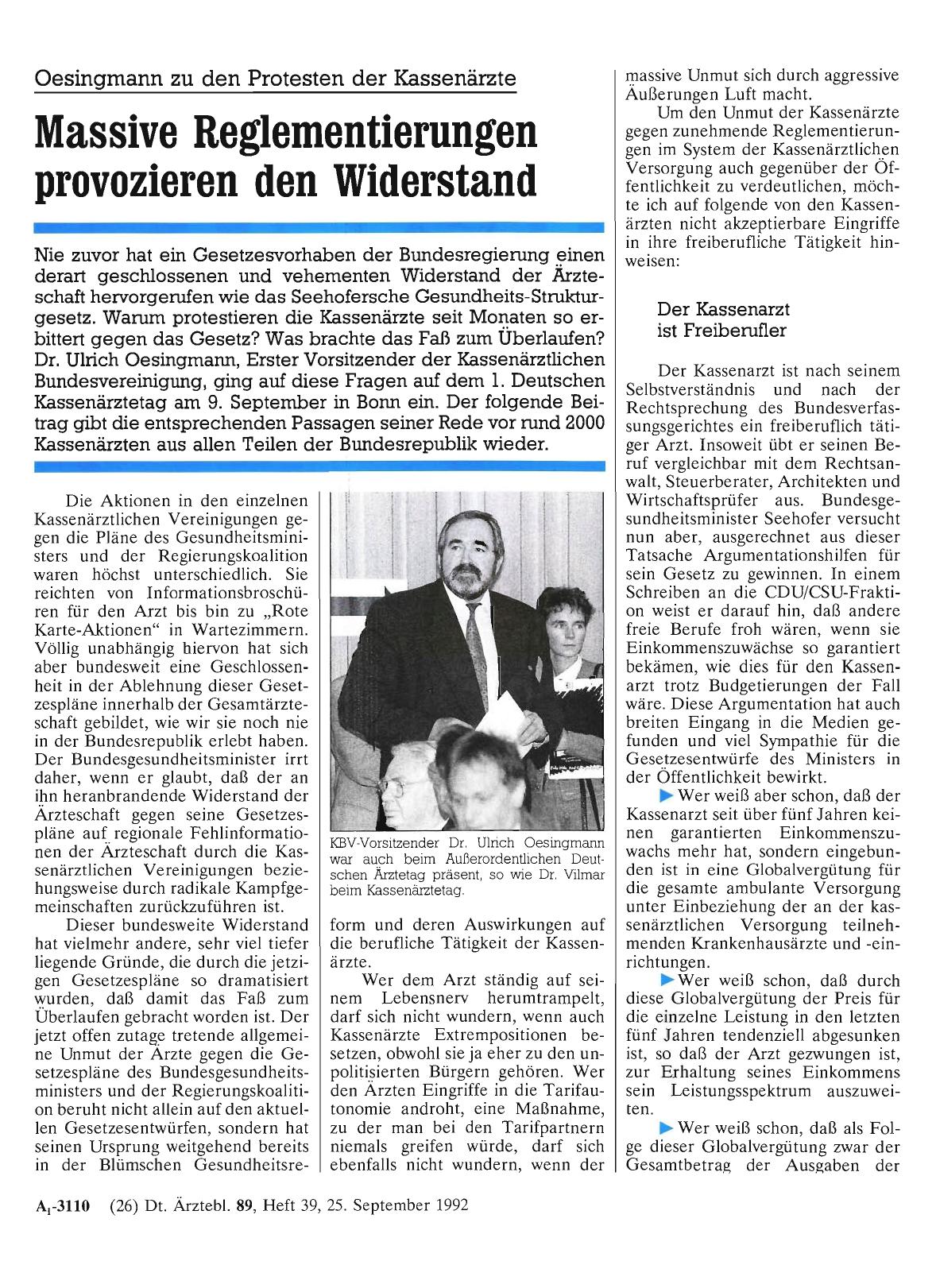 Vorschauseite 1: Oesingmann zu den Protesten der Kassenärzte: Massive Reglementierungen provozieren den Widerstand