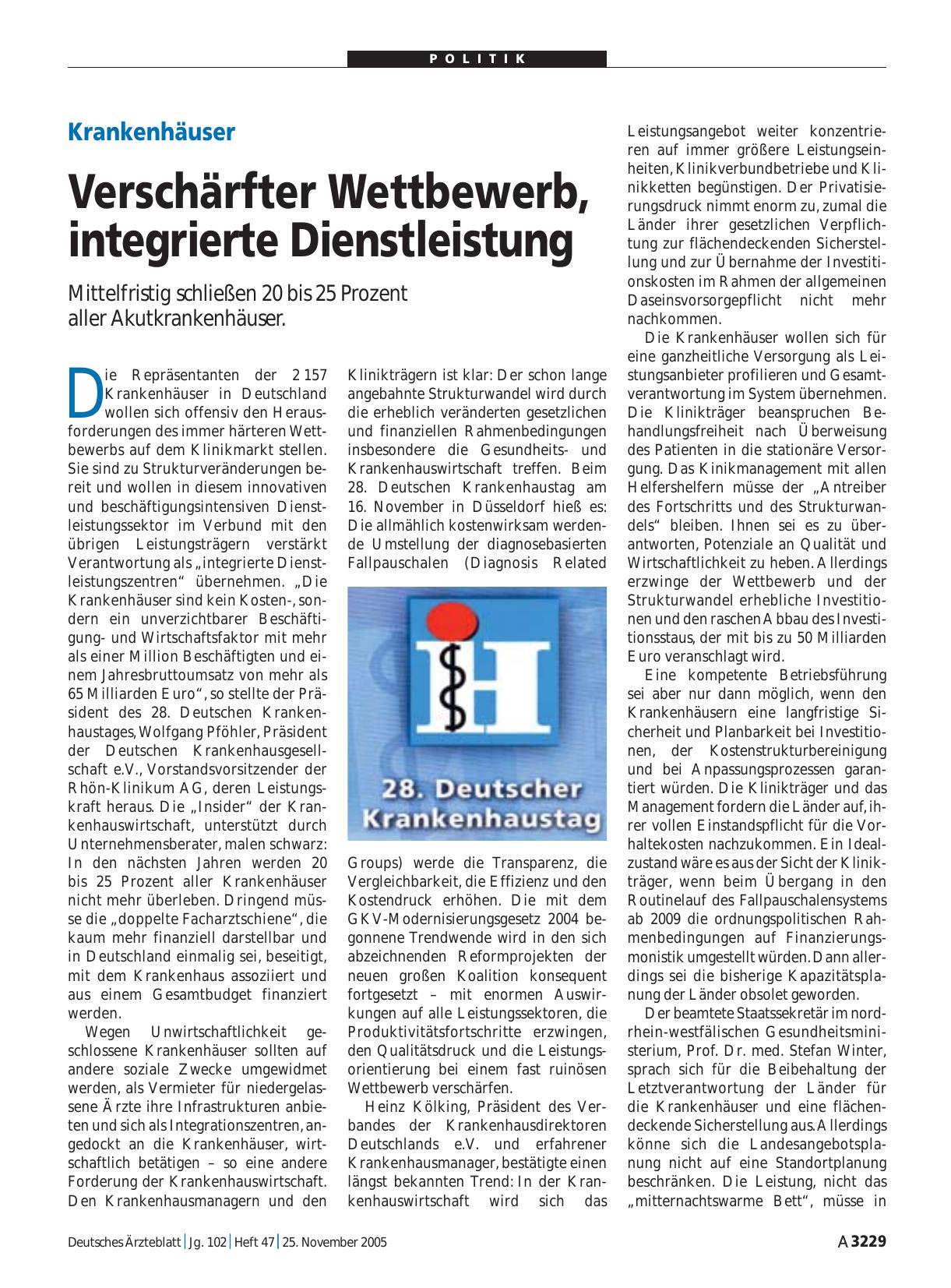 Vorschauseite 1: Krankenhäuser: Verschärfter Wettbewerb, integrierte Dienstleistung