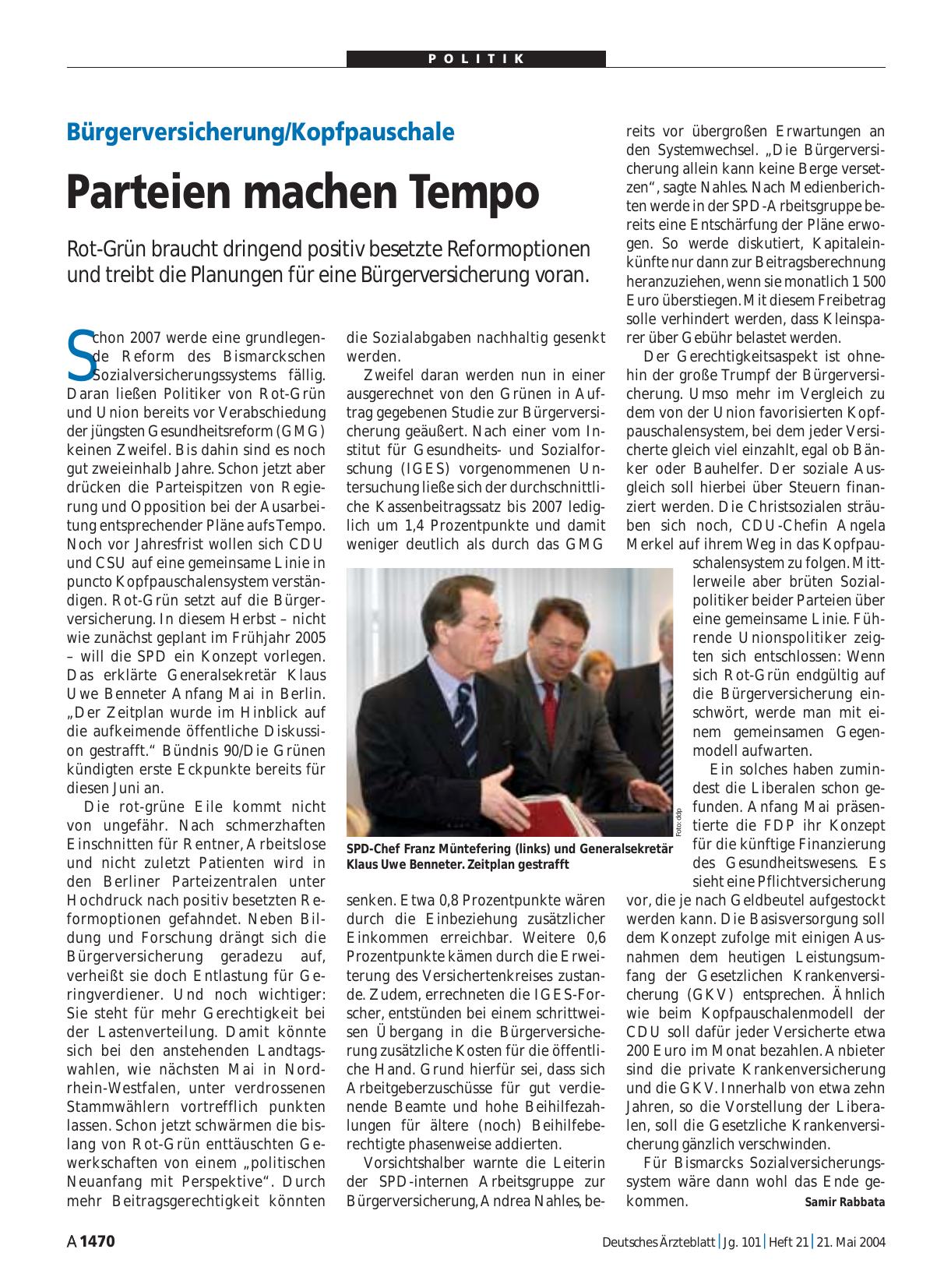 Vorschauseite 1: Bürgerversicherung/Kopfpauschale: Parteien machen Tempo