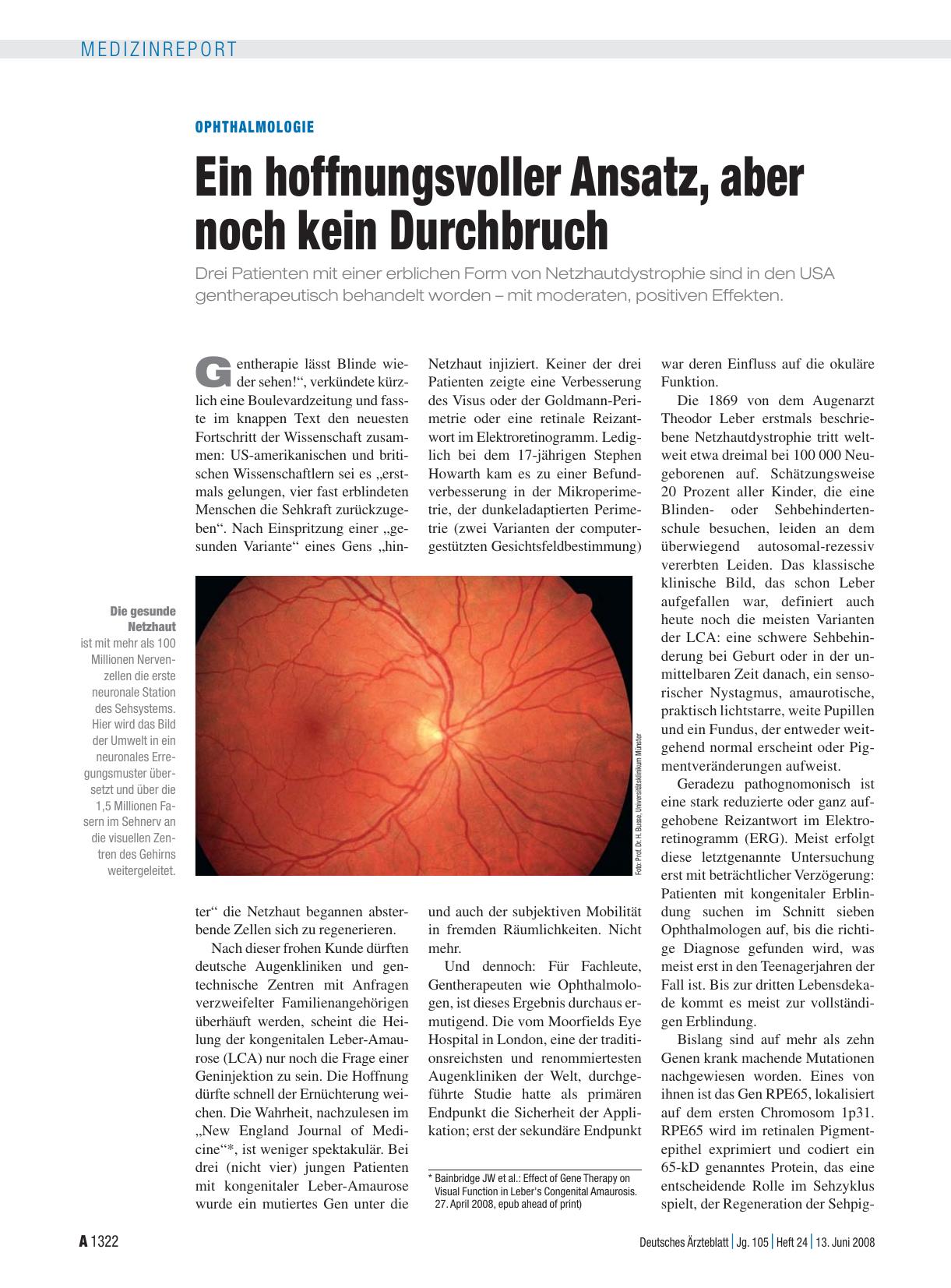 Vorschauseite 1: Ophthalmologie: Ein hoffnungsvoller Ansatz, aber noch kein Durchbruch