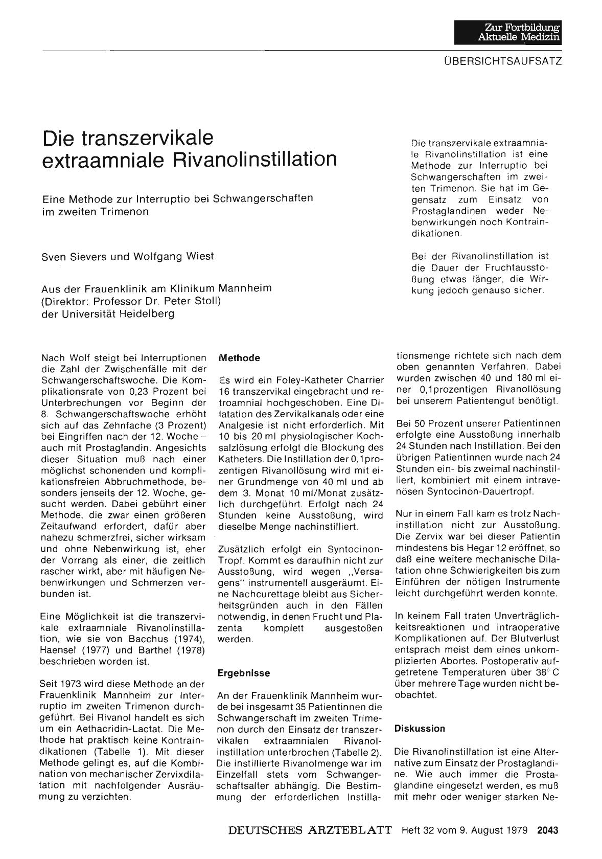 Vorschauseite 1: Die transzervikale extraamniale Rivanolinstillation