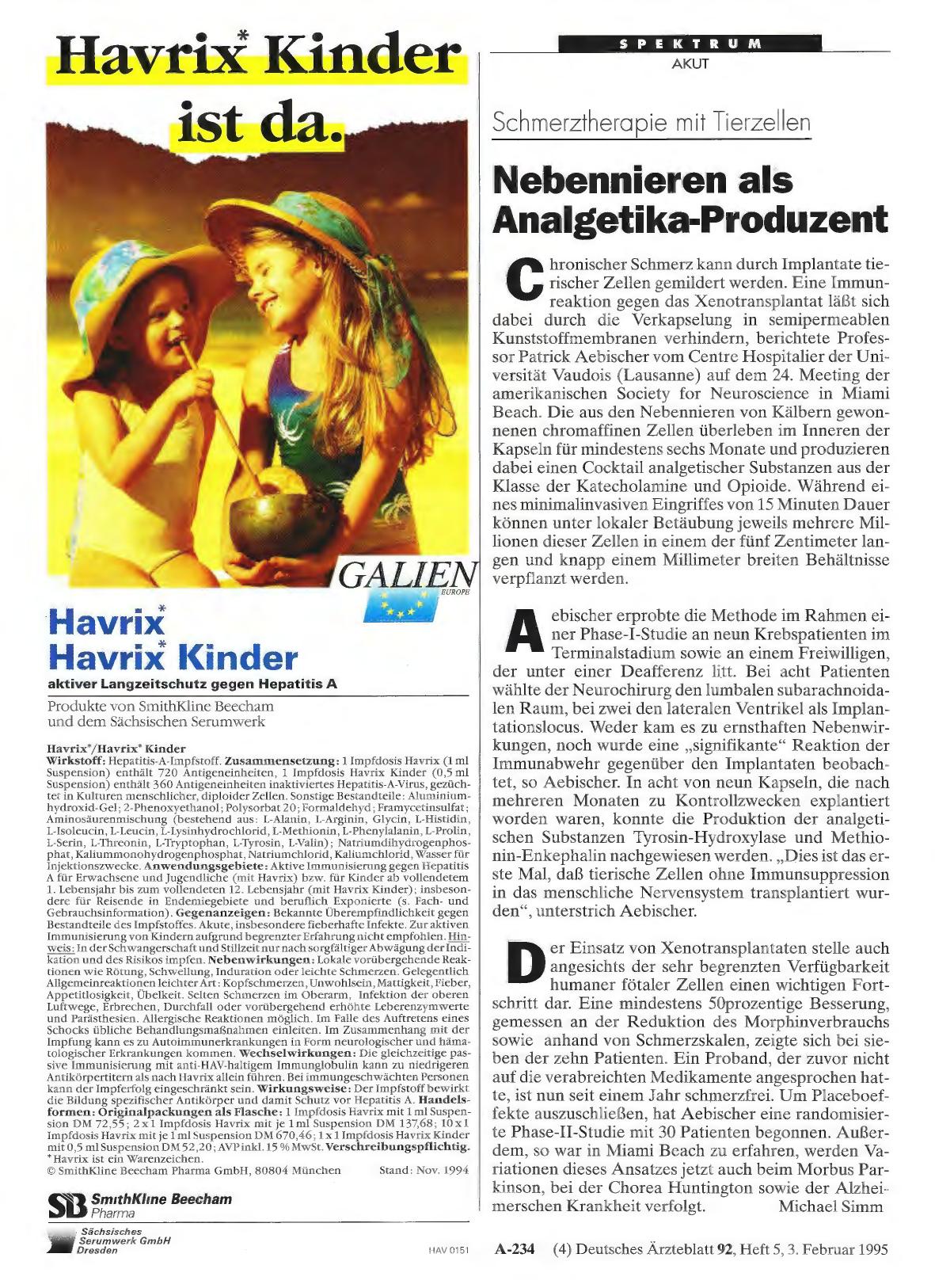 Vorschauseite 1: Schmerztherapie mit Tierzellen: Nebennieren als Analgetika-Produzent