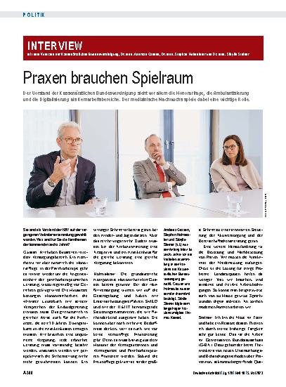 Vorschauseite 1: Interview mit dem Vorstand der Kassenärztlichen Bundesvereinigung, Dr. med. Andreas Gassen, Dr. med. Stephan Hofmeister und Dr. med. Sibylle Steiner: Praxen brauchen Spielraum