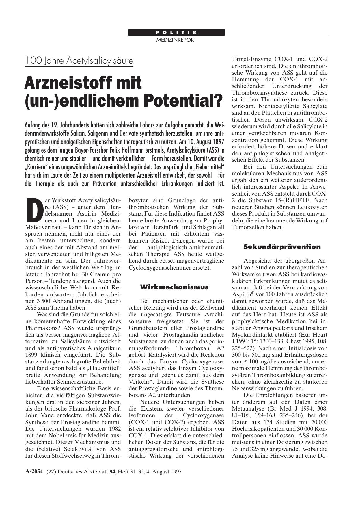 Vorschauseite 1: 100 Jahre Acetylsalicylsäure: Arzneistoff mit (un-)endlichem Potential?