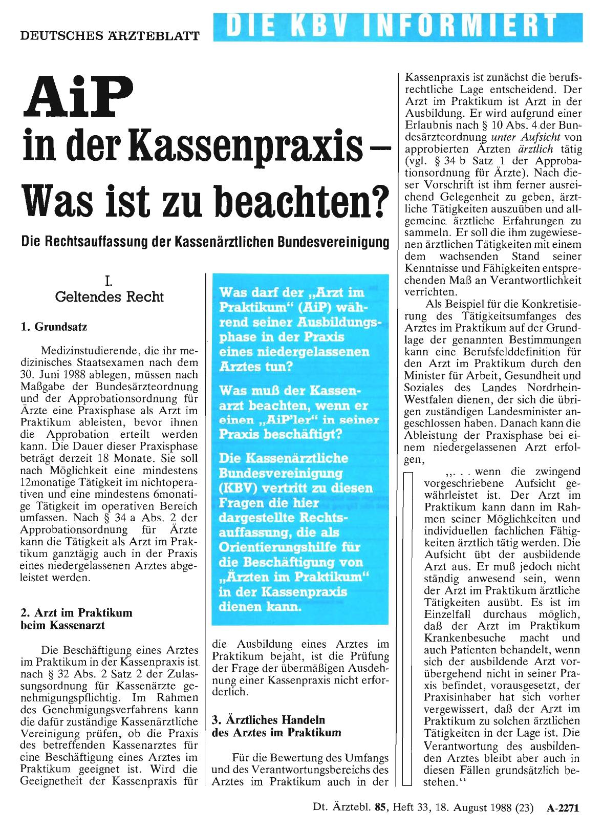 Vorschauseite 1: AiP in der Kassenpraxis - Was ist zu beachten? Die Rechtsauffassung der Kassenärztlichen Bundesvereinigung