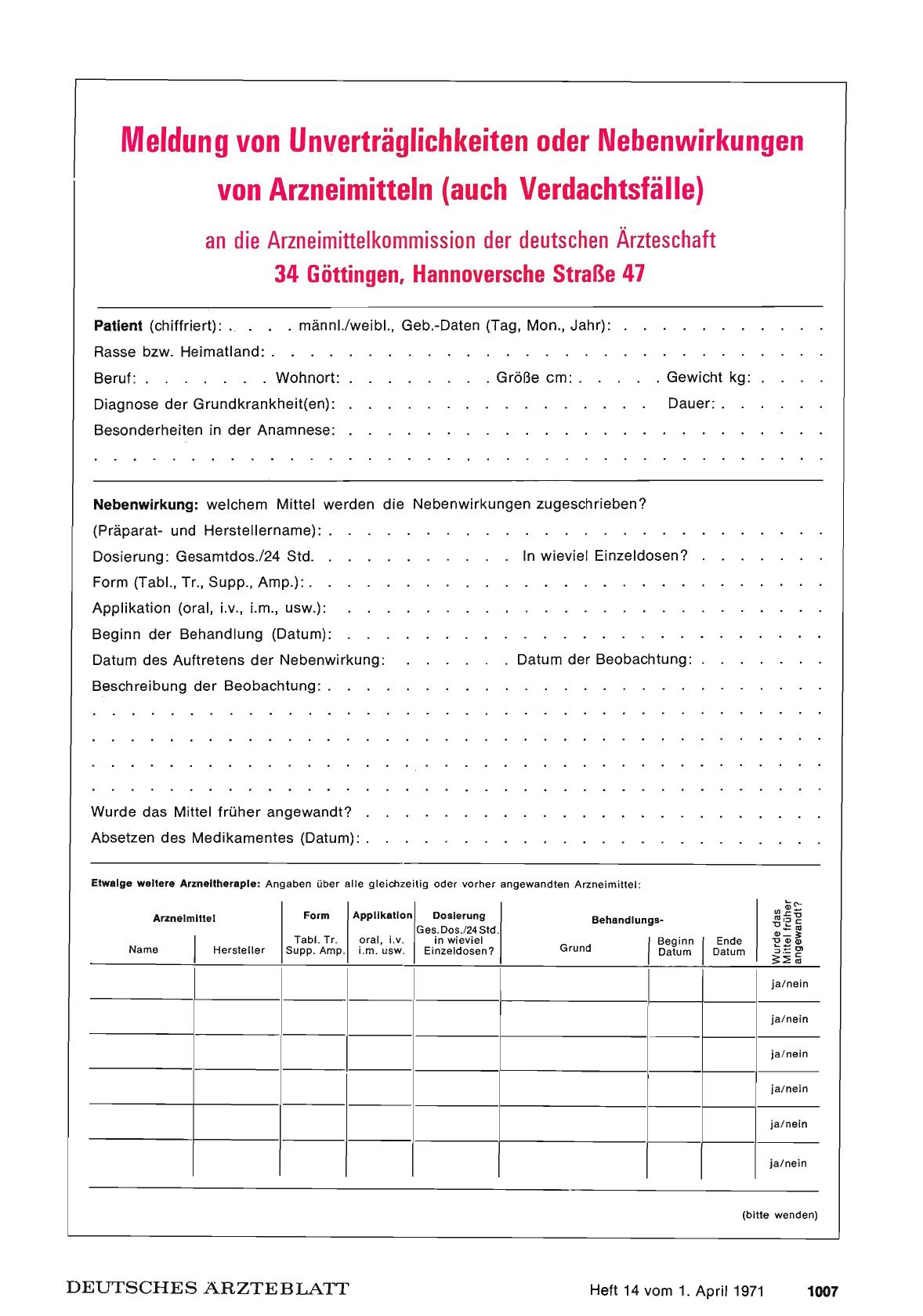 Vorschauseite 1: Meldung von Unverträglichkeiten oder Nebenwirkungen von Arzneimitteln (auch Verdachtsfälle) an die Arzneimittelkommission der deutschen Ärzteschaft