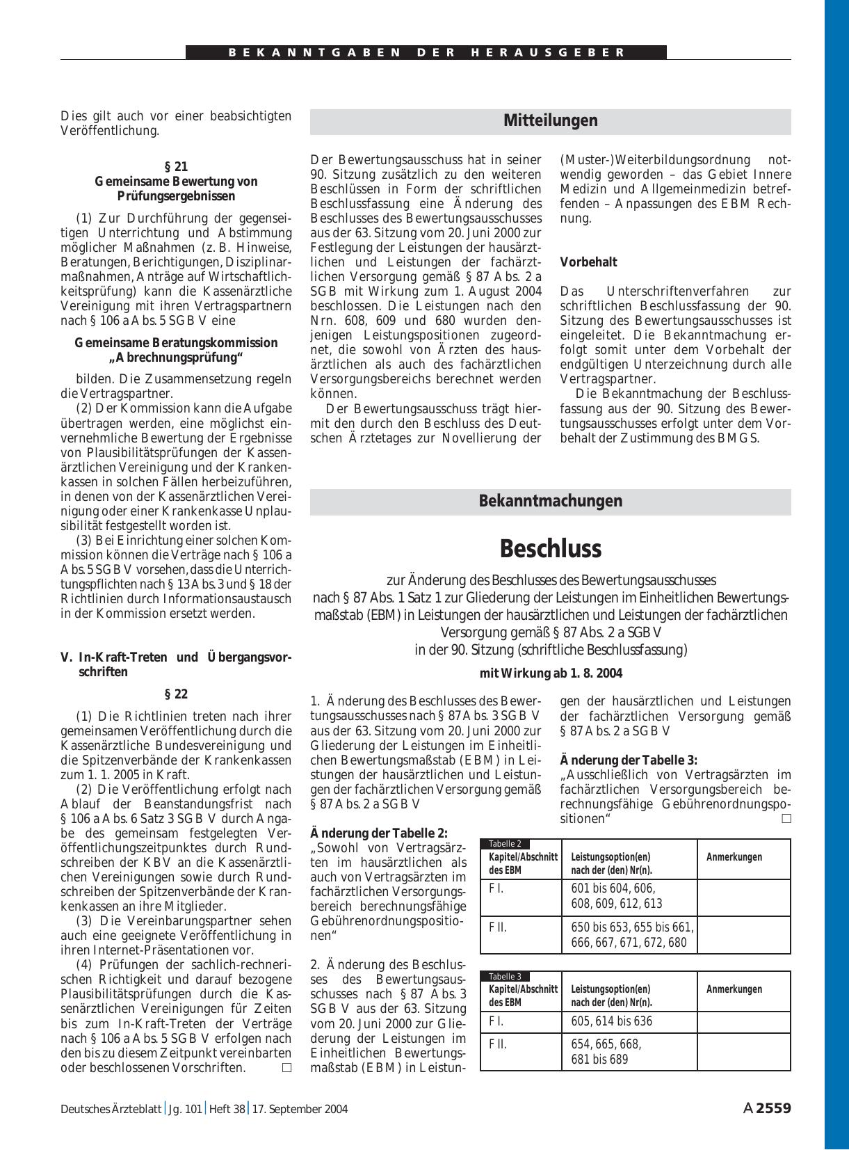 Vorschauseite 1: Bekanntmachungen: Beschluss zur Änderung des Beschlusses des Bewertungsausschusses nach § 87 Abs. 1 Satz 1 zur Gliederung der Leistungen im Einheitlichen Bewertungsmaßstab (EBM) i…