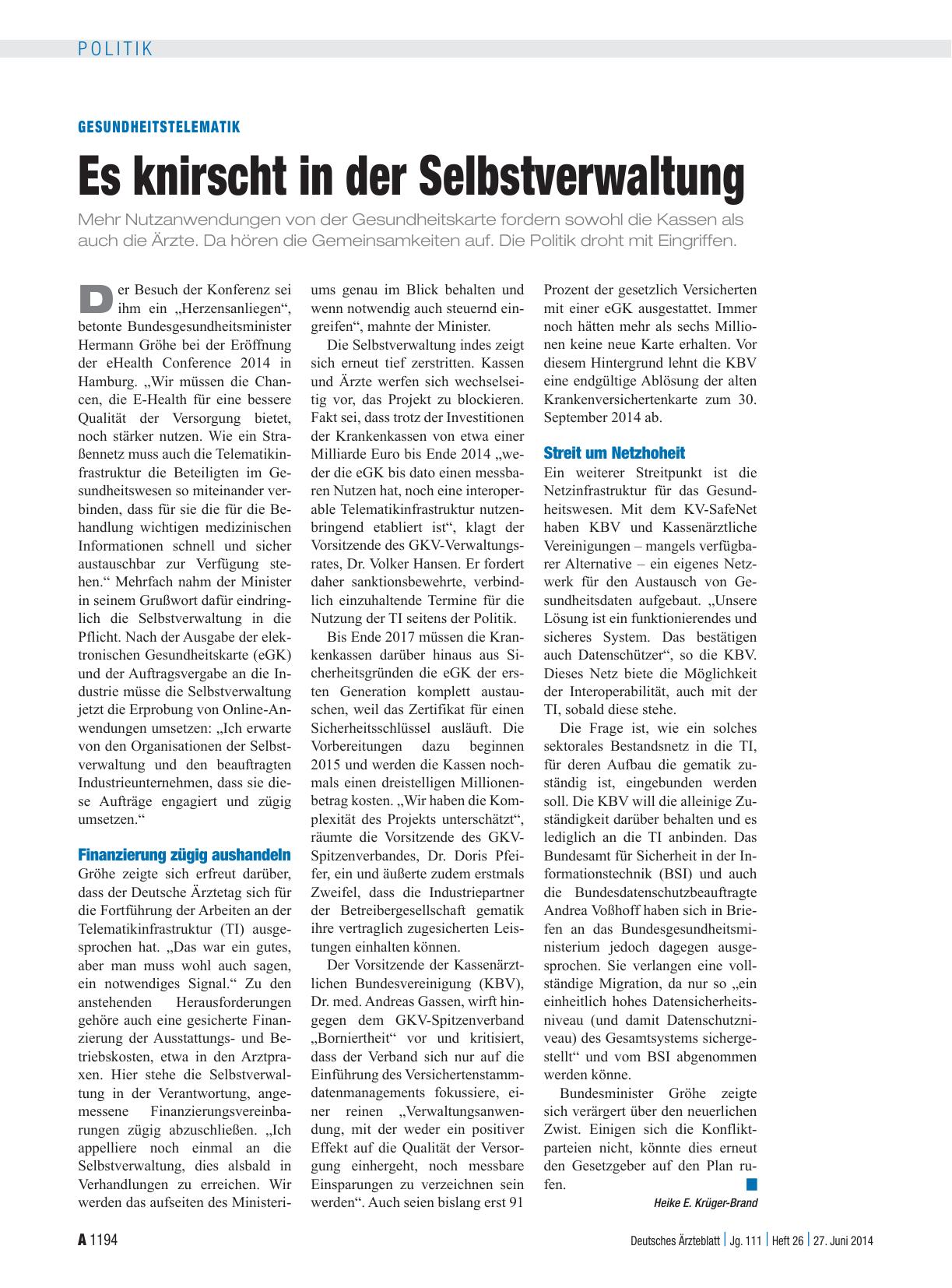 Vorschauseite 1: Gesundheitstelematik: Es knirscht in der Selbstverwaltung
