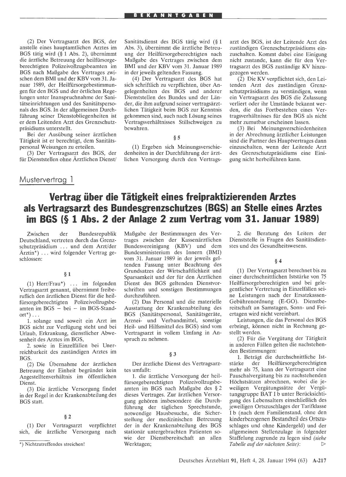 Vorschauseite 1: Vertrag über die Tätigkeit eines freipraktizierenden Arztes als Vertragsarzt des Bundesgrenzschutzes (BGS) an Stelle eines Arztes im BGS (§ 1 Abs. 2 der Anlage 2 zum Vertrag vom 3…