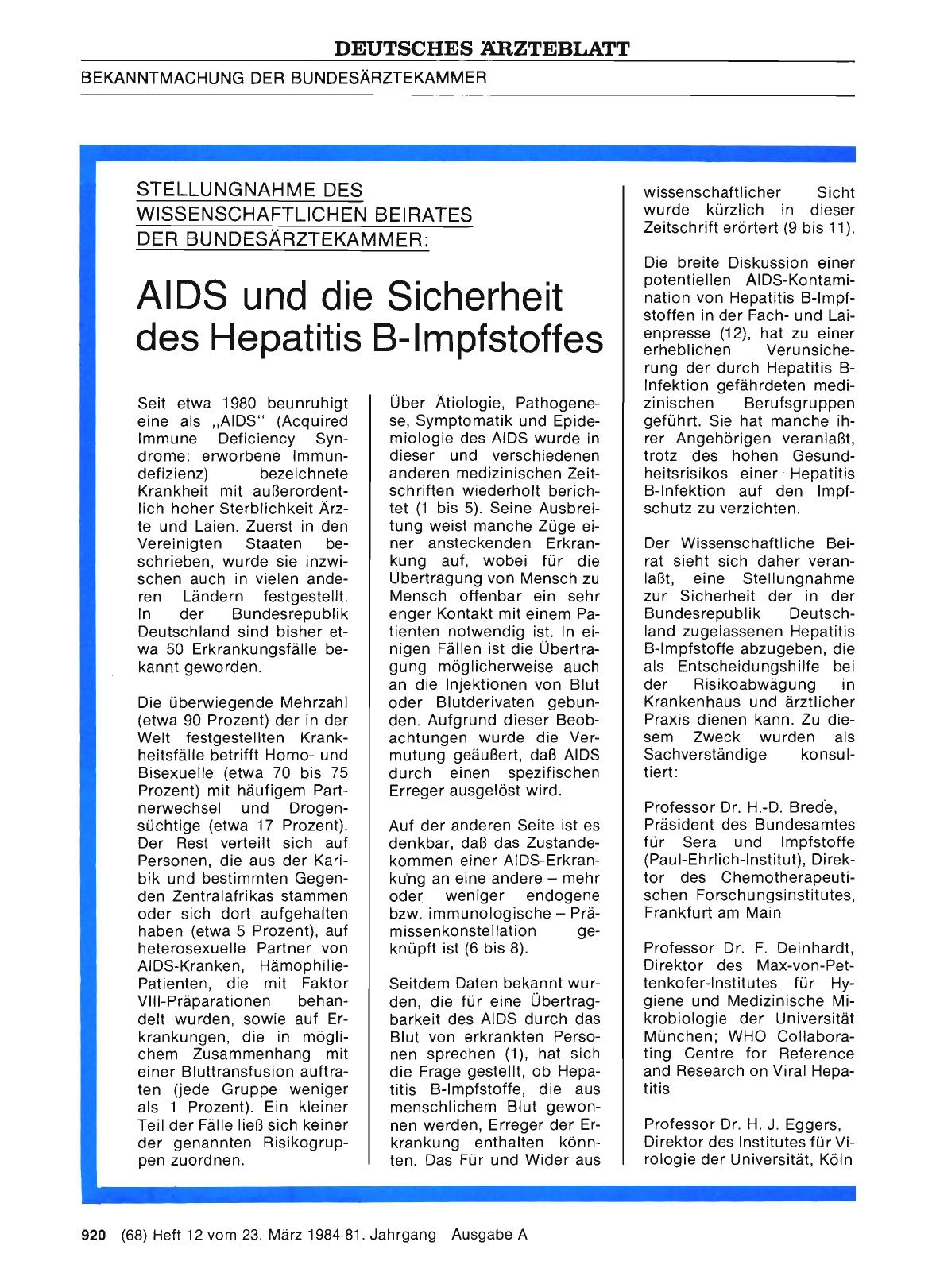 Vorschauseite 1: STELLUNGNAHME DES WISSENSCHAFTLICHEN BEIRATES DER BUNDESÄRZTEKAMMER: AIDS und die Sicherheit des Hepatitis B-Impfstoffes
