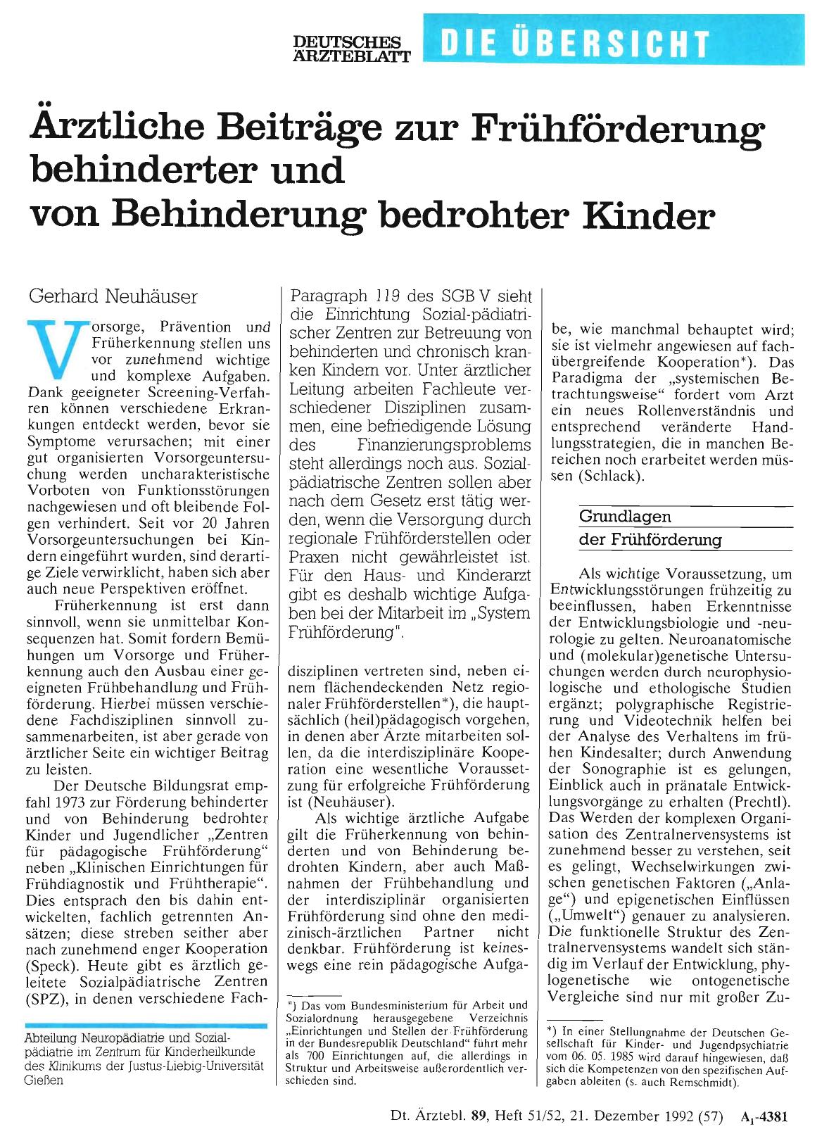 Vorschauseite 1: Ärztliche Beiträge zur Frühförderung behinderter und von Behinderung bedrohter Kinder