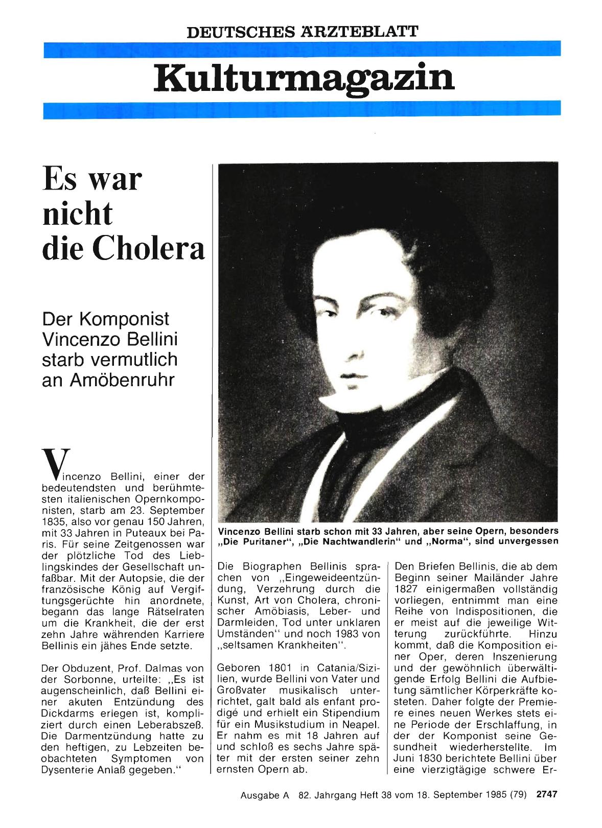 Vorschauseite 1: Es war nicht die Cholera: Der Komponist Vincenzo Bellini starb vermutlich an Amöbenruhr