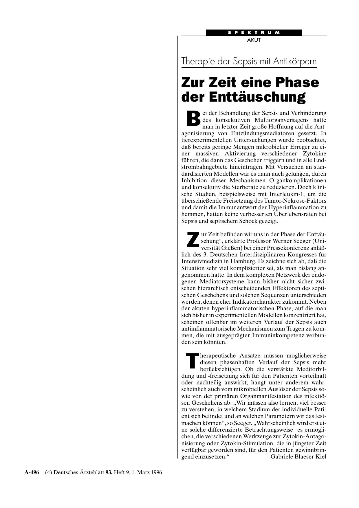 Vorschauseite 1: Therapie der Sepsis mit Antikörpern: Zur Zeit eine Phase der Enttäuschung