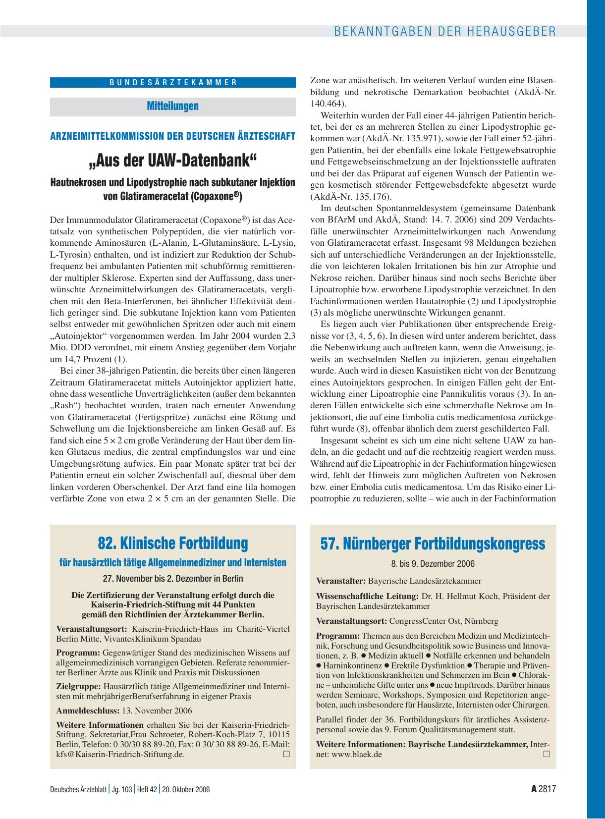 Vorschauseite 1: Bundesärztekammer Mitteilungen: „Aus der UAW-Datenbank“ – Hautnekrosen und Lipodystrophie nach subkutaner Injektion von Glatirameracetat (Copaxone®)