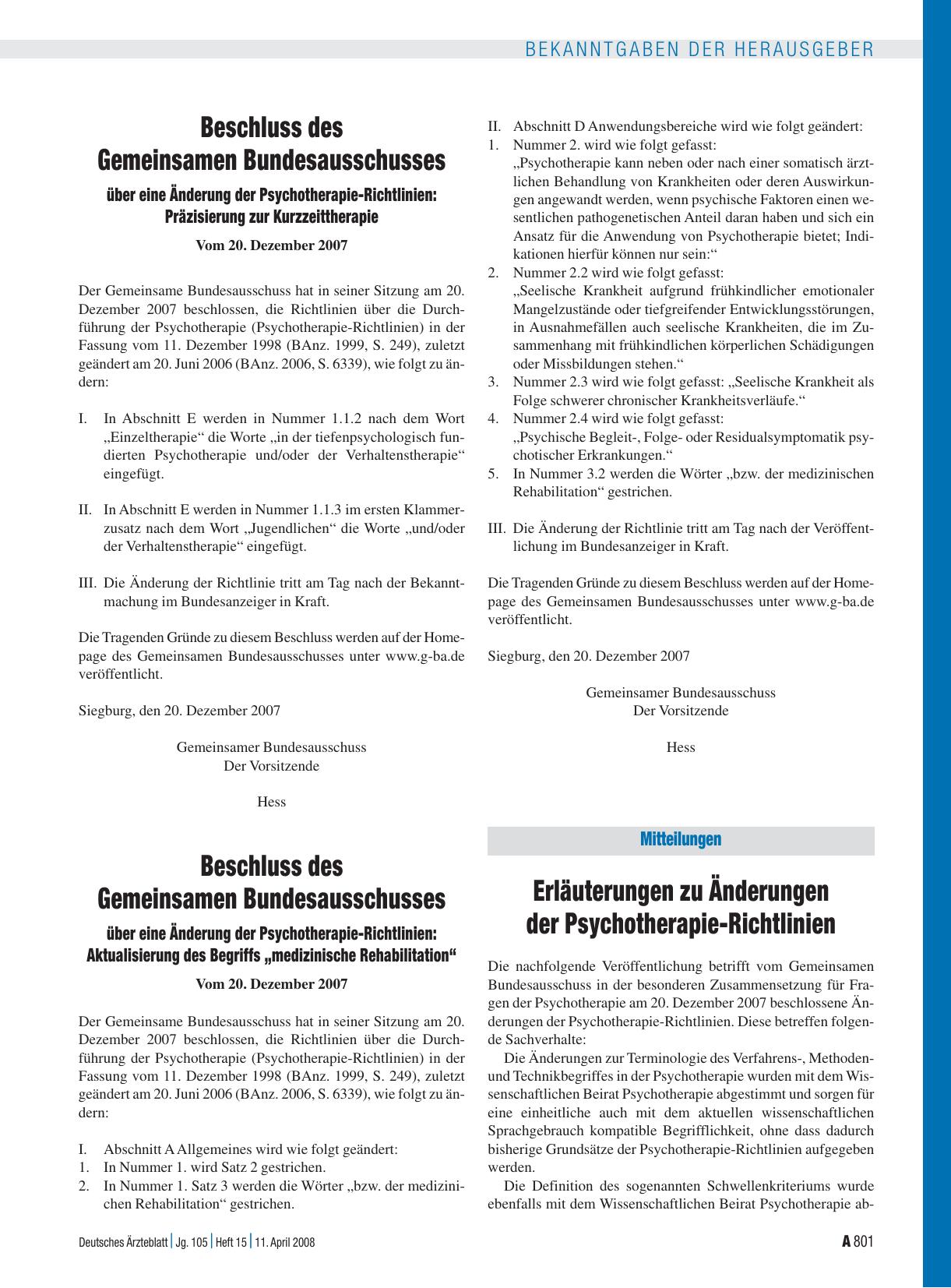Vorschauseite 1: Mitteilungen: Erläuterungen zu Änderungen der Psychotherapie-Richtlinien