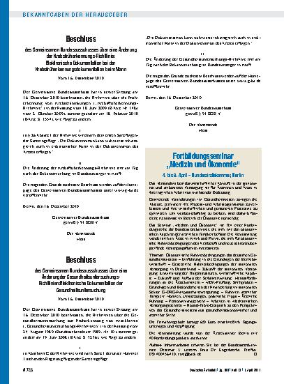 Vorschauseite 1: Beschluss des Gemeinsamen Bundesausschusses über eine Änderung der Krebsfrüherkennungs-Richtlinie: Elektronische Dokumentation bei der Krebsfrüherkennungsdokumentation beim Mann