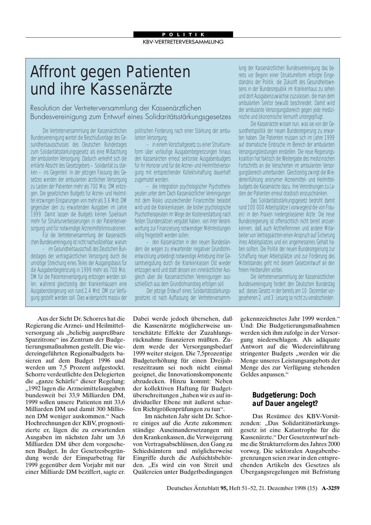 Vorschauseite 1: Affront gegen Patienten und ihre Kassenärzte: Resolution der Vertreterversammlung der Kassenärztlichen Bundesvereinigung zum Entwurf eines Solidaritätsstärkungsgesetzes