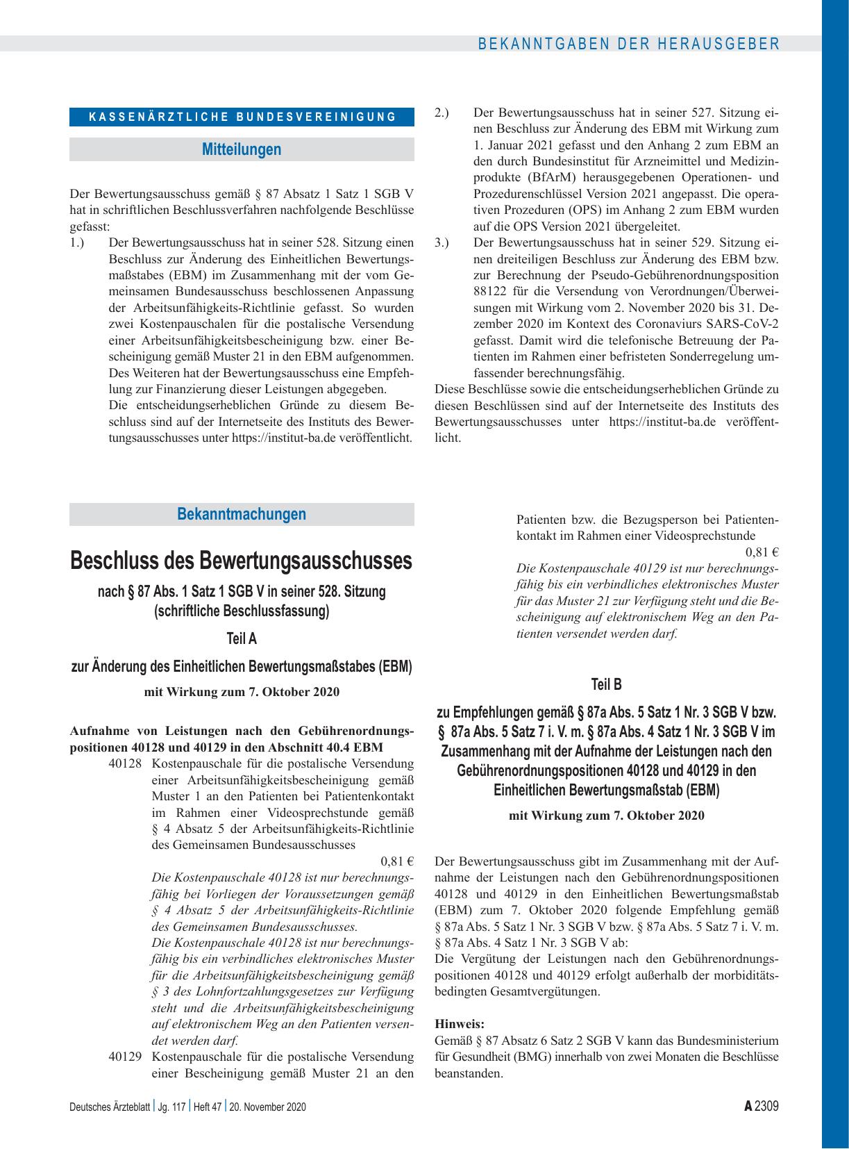 Vorschauseite 1: Beschluss des Bewertungsausschusses nach § 87 Abs. 1 Satz 1 SGB V in seiner 528. Sitzung (schriftliche Beschlussfassung): Teil A zur Änderung des Einheitlichen Bewertungsmaßstabes…