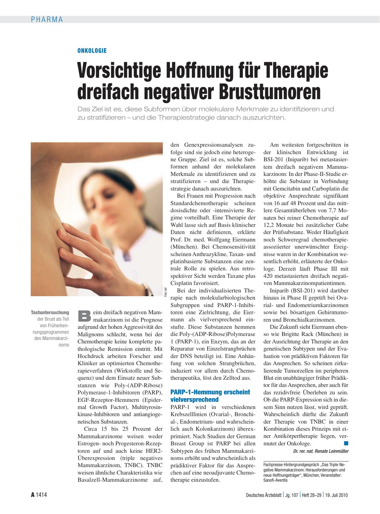 Vorschauseite 1: Onkologie: Vorsichtige Hoffnung für Therapie dreifach negativer Brusttumoren