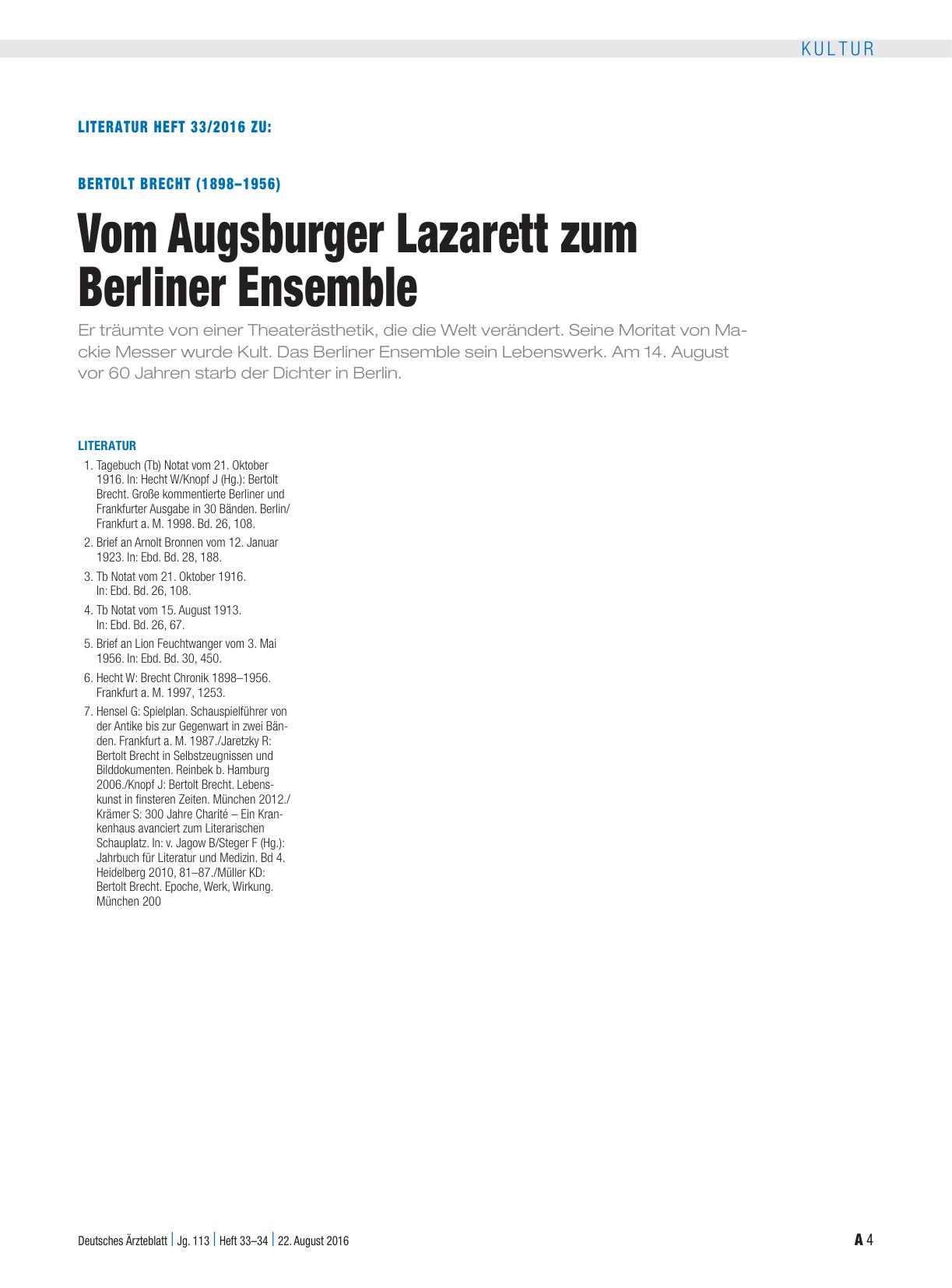 Vorschauseite 4: Bertolt Brecht (1898–1956): Vom Augsburger Lazarett zum Berliner Ensemble