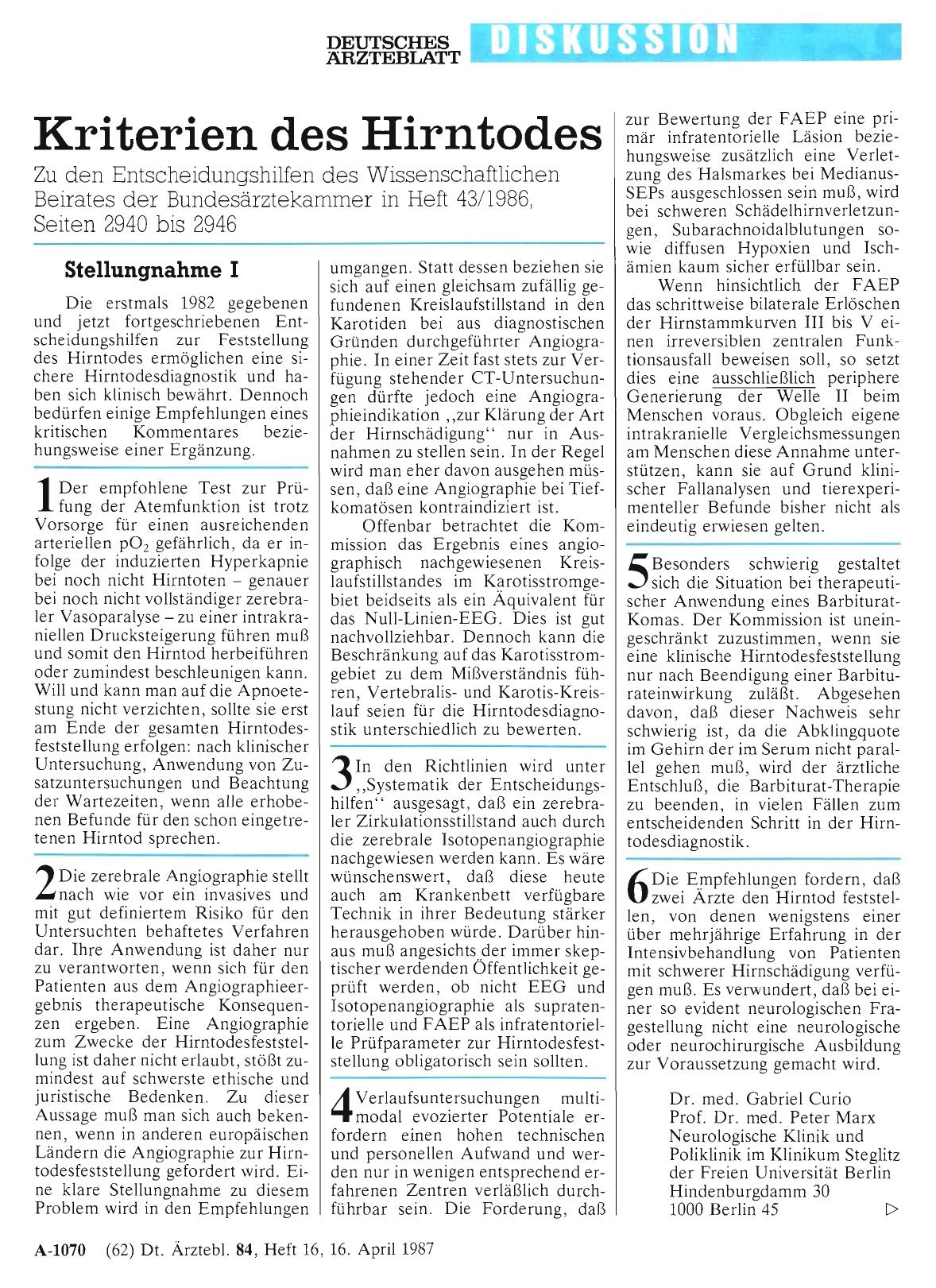 Vorschauseite 1: Kriterien des Hirntodes: Stellungnahme I