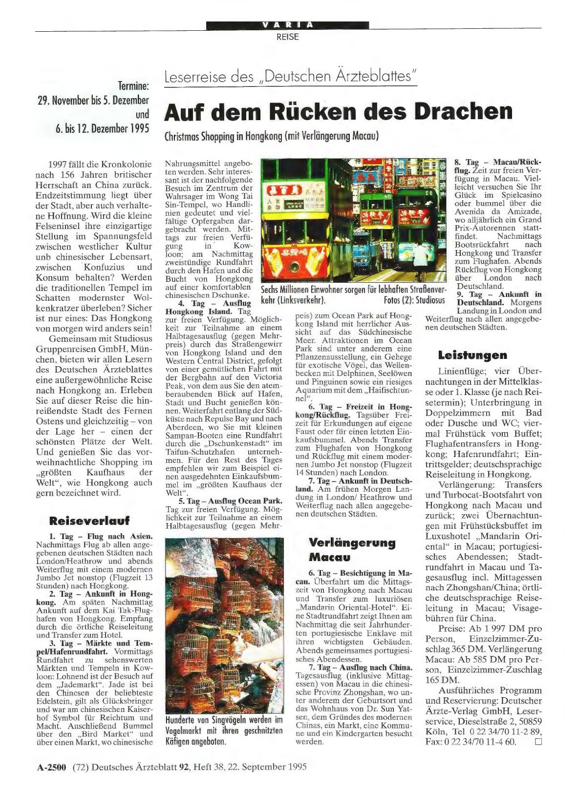 Vorschauseite 1: Leserreise des „Deutschen Ärzteblattes“ Auf dem Rücken des Drachen Christmas Shopping in Hongkong (mit Verlängerung Macau)