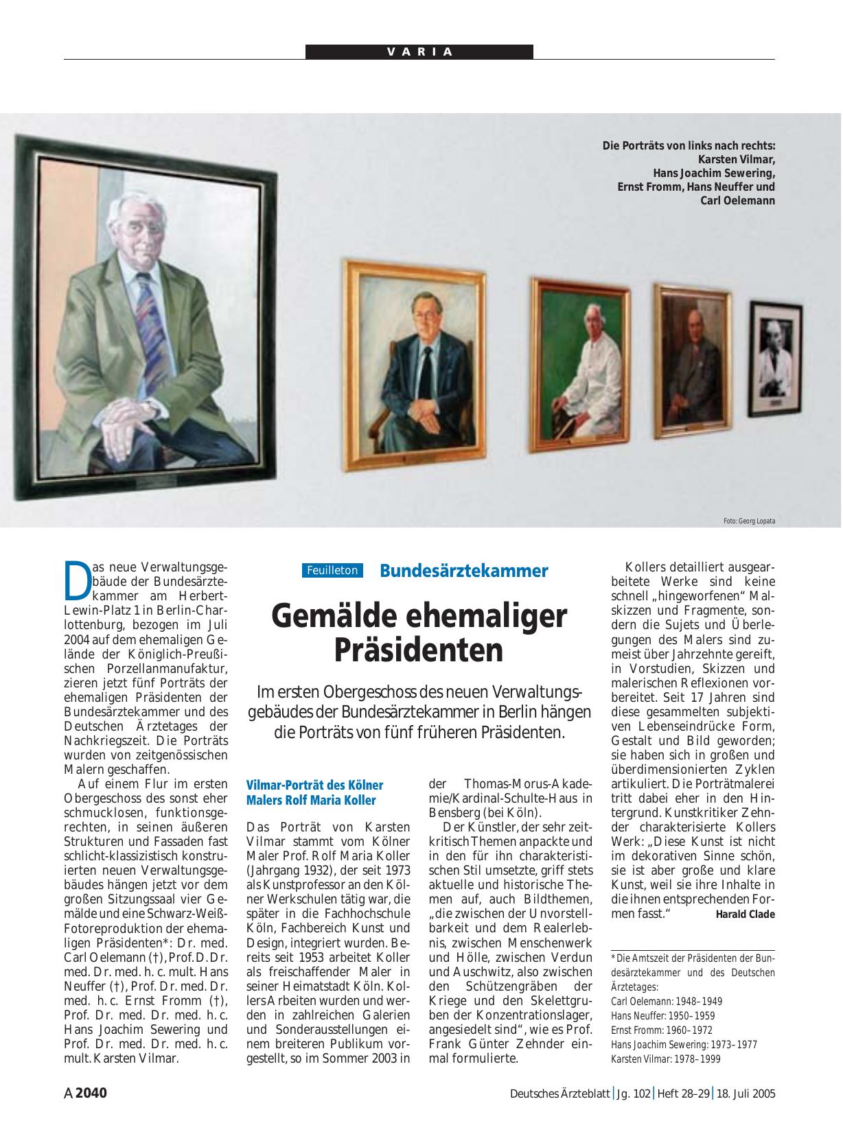 Vorschauseite 1: Bundesärztekammer: Gemälde ehemaliger Präsidenten