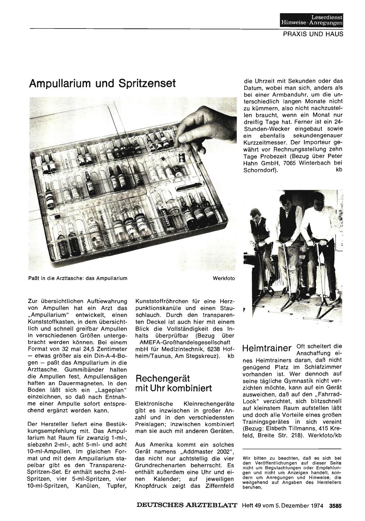 Vorschauseite 1: Ampullarium und Spritzenset, Rechengerät mit Uhr kombiniert, Heimtrainer