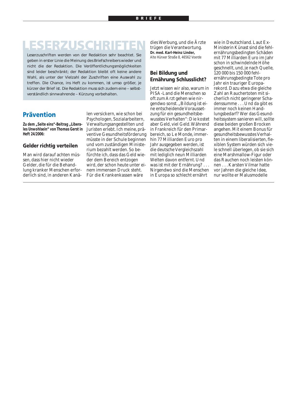 Vorschauseite 1: Prävention: Bei Bildung und Ernährung Schlusslicht?
