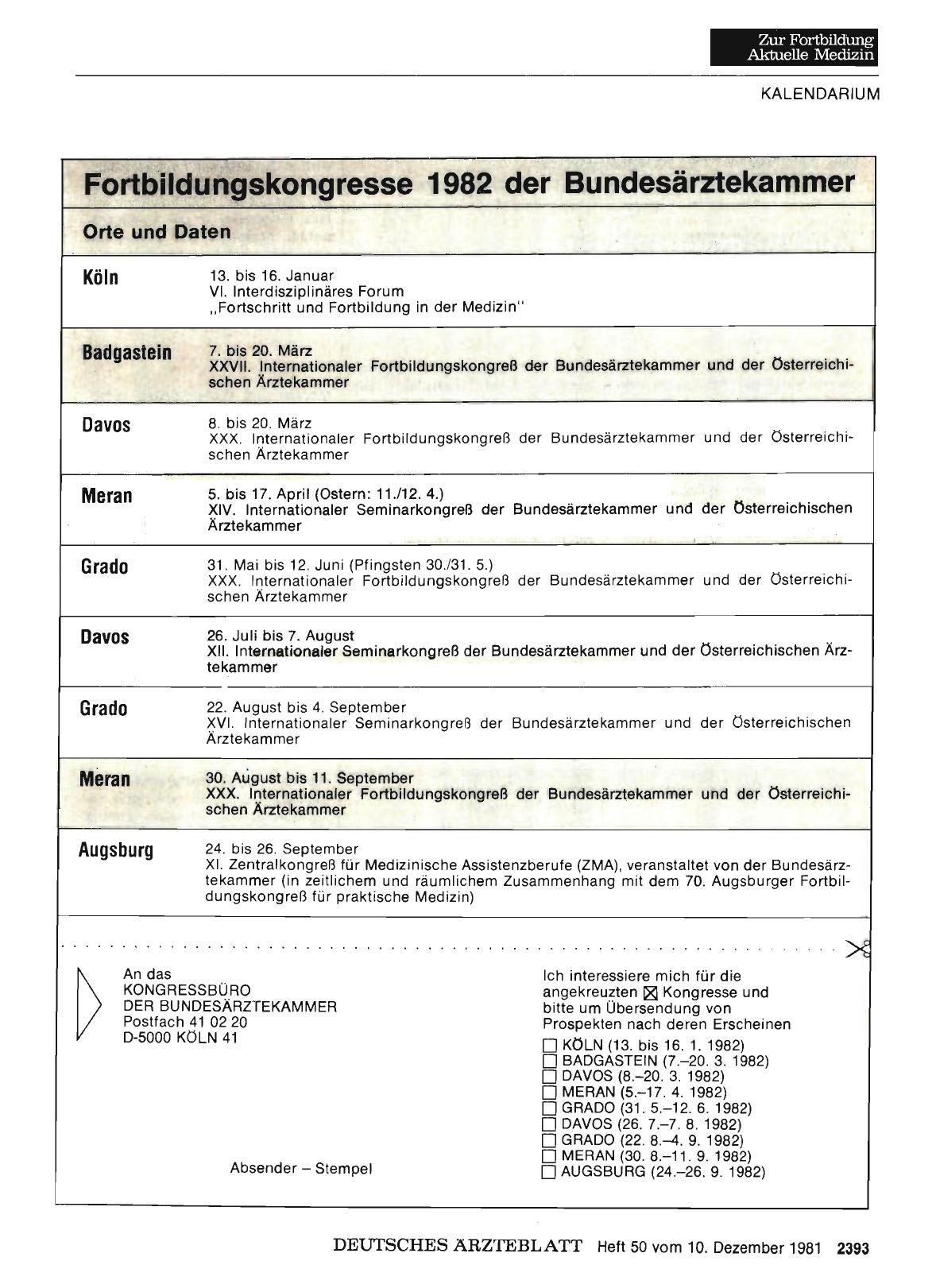 Vorschauseite 1: Fortbildungskongresse 1982 der Bundesärztekammer