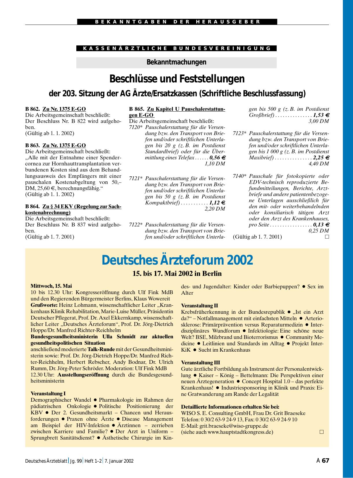 Vorschauseite 1: Bekanntmachungen: Beschlüsse und Feststellungen der 203. Sitzung der AG Ärzte/Ersatzkassen (Schriftliche Beschlussfassung)