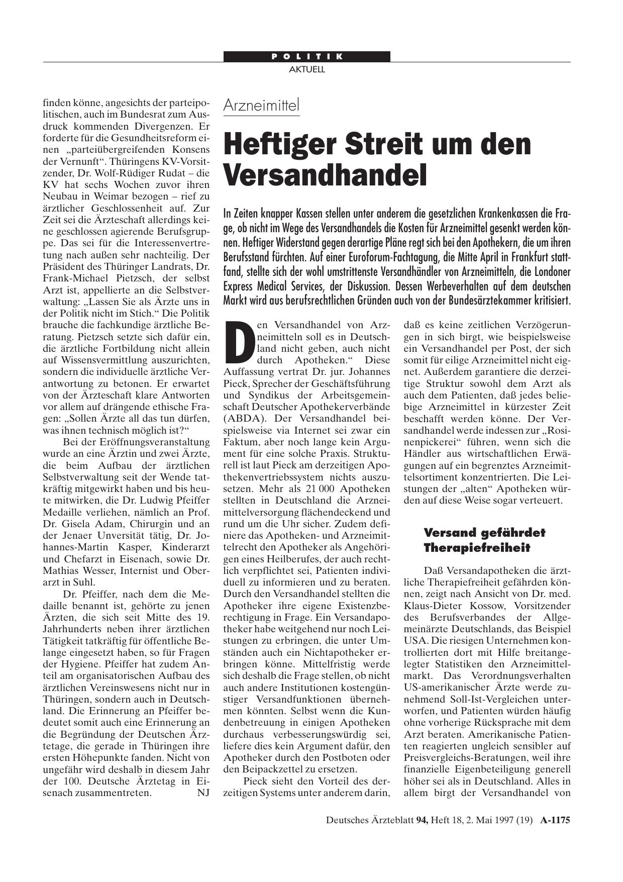 Vorschauseite 1: Arzneimittel: Heftiger Streit um den Versandhandel