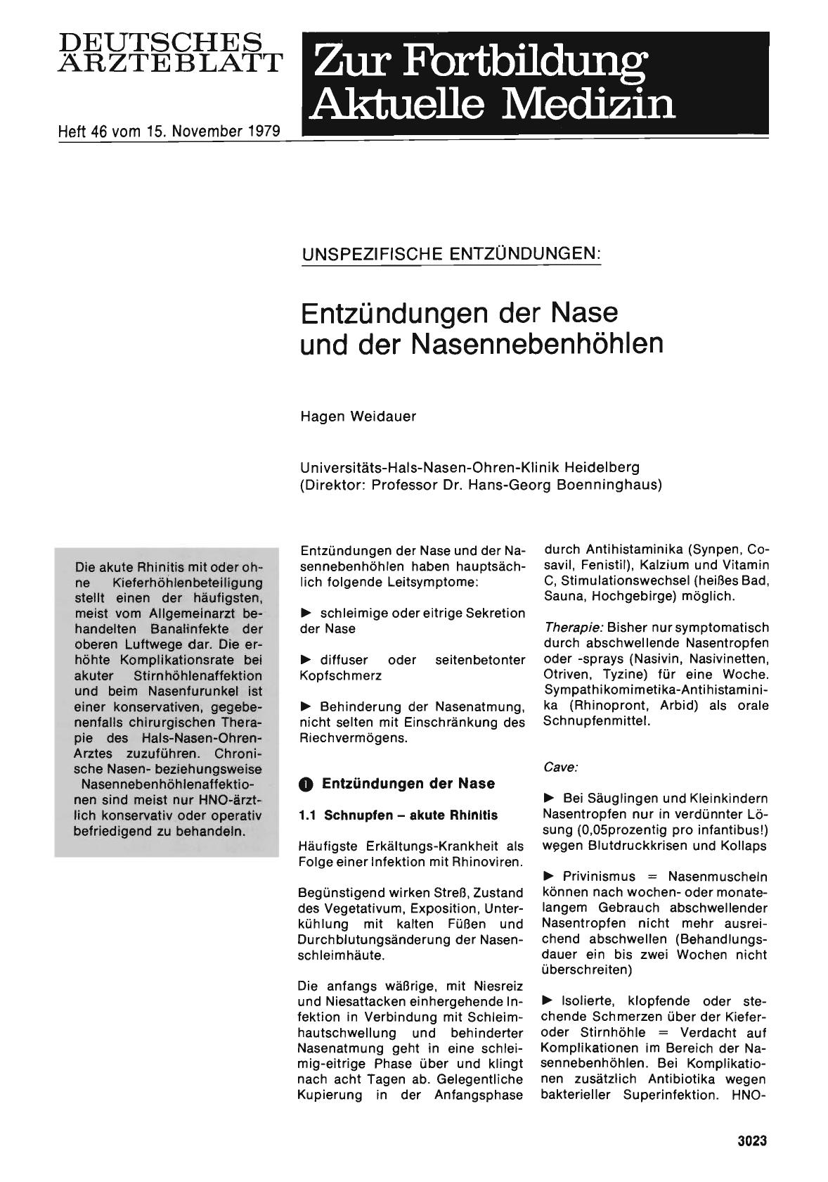 Vorschauseite 1: UNSPEZIFISCHE ENTZÜNDUNGEN: Entzündungen der Nase und der Nasennebenhöhlen