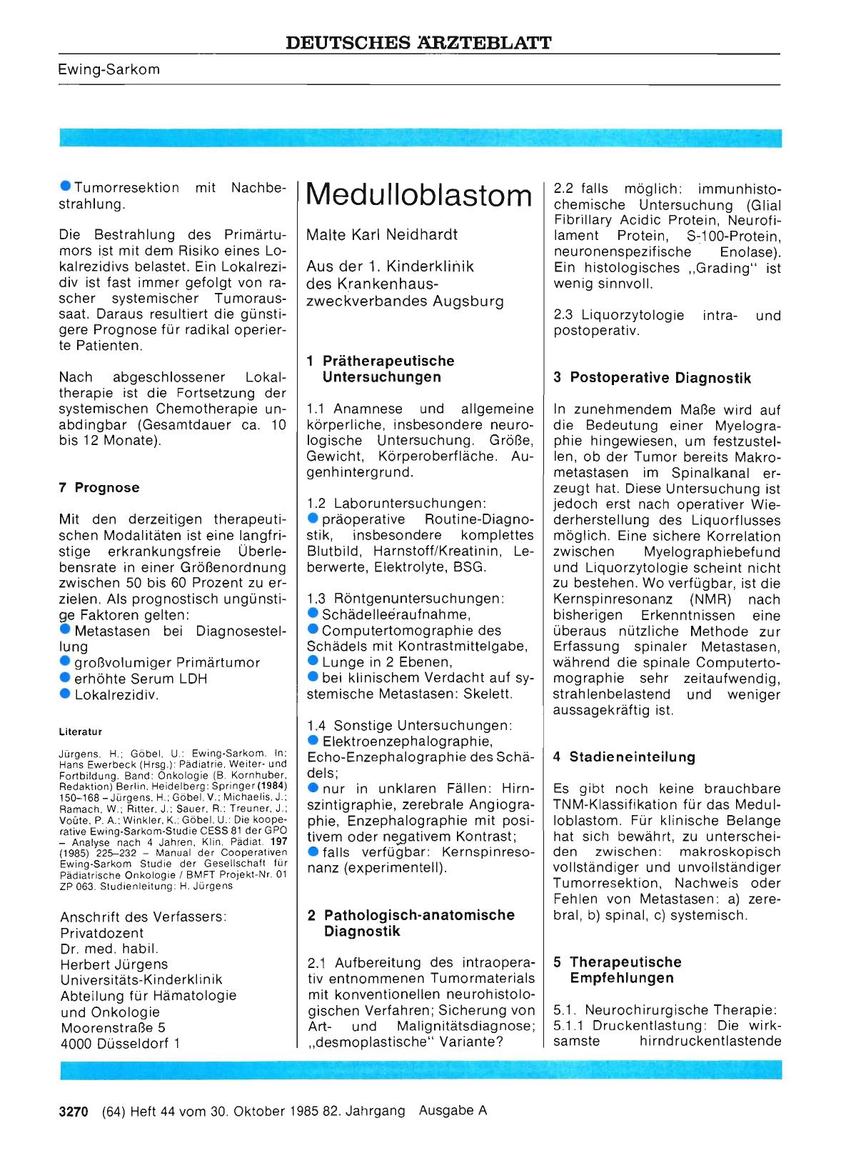 Vorschauseite 1: SERIE: MALIGNE TUMOREN UND SYSTEMERKRANKUNGEN - Empfehlungen zur standardisierten Tumortherapie: Medulloblastom