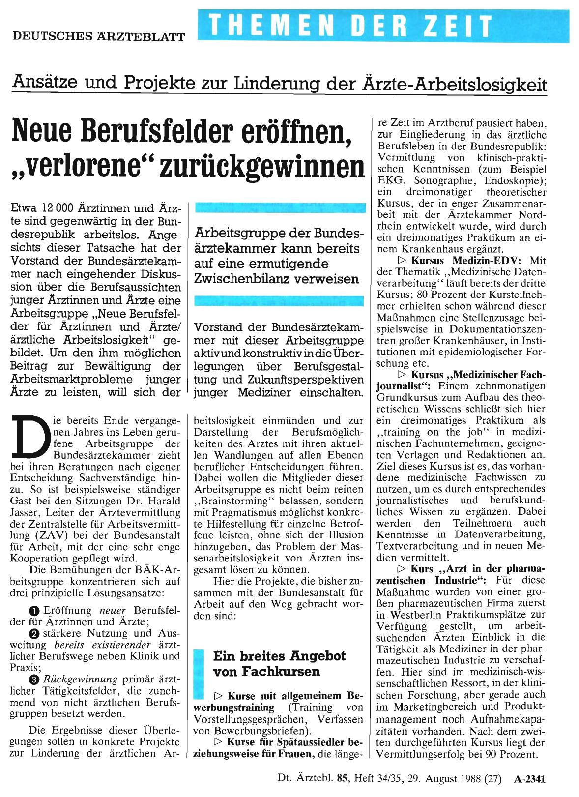Vorschauseite 1: Ansätze und Projekte zur Linderung der Ärzte-Arbeitslosigkeit: Neue Berufsfelder eröffnen, „verlorene“ zurückgewinnen