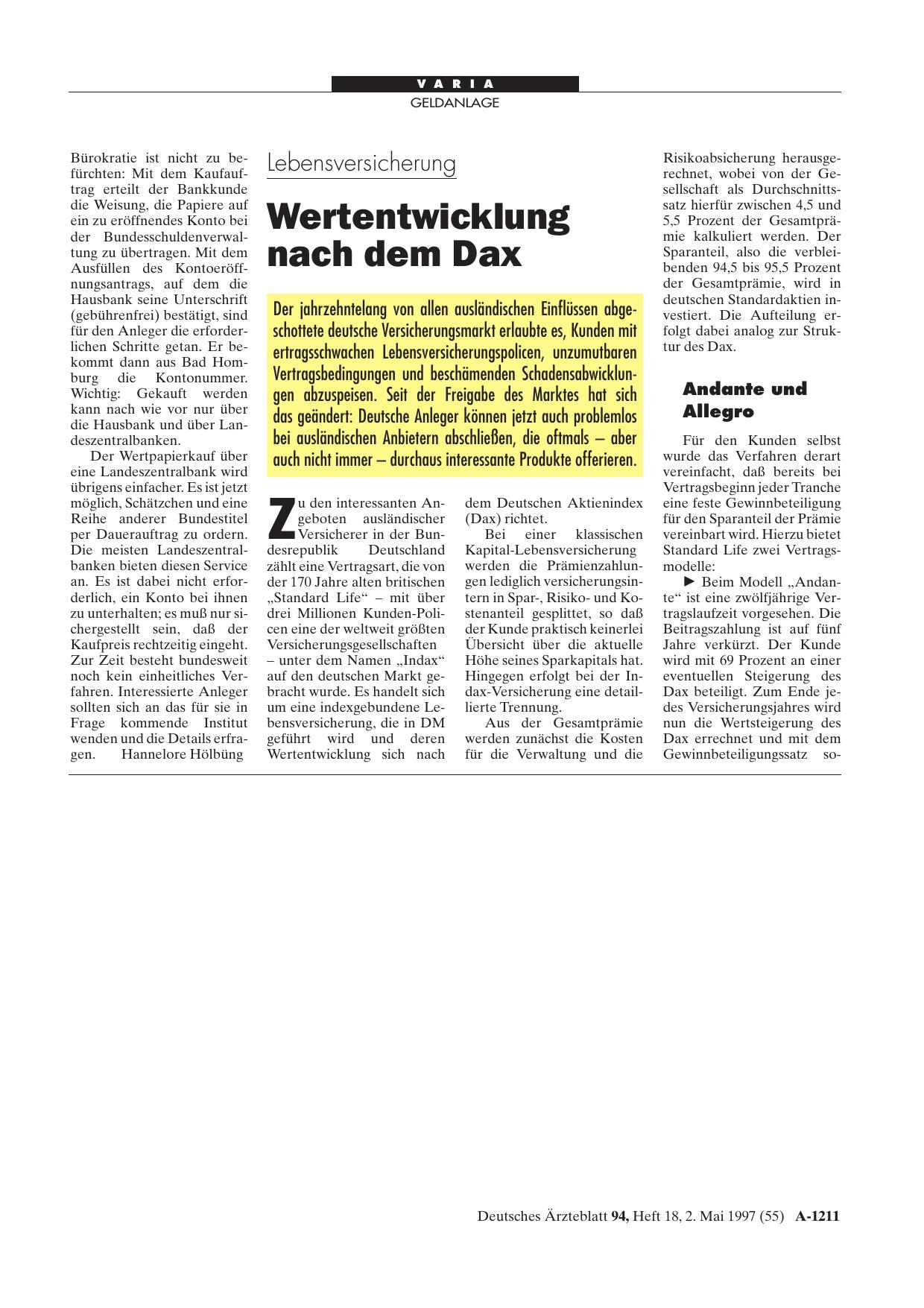 Vorschauseite 1: Lebensversicherung: Wertentwicklung nach dem Dax